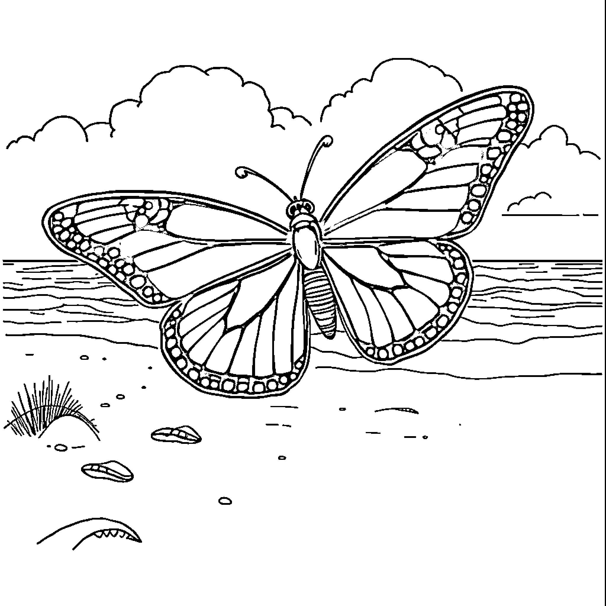 Butterfly in flight over serene landscape Coloring Page (free black-and-white line drawing printable PDF for all, from beginners to advanced learners, including children, teens, adults, and seniors)