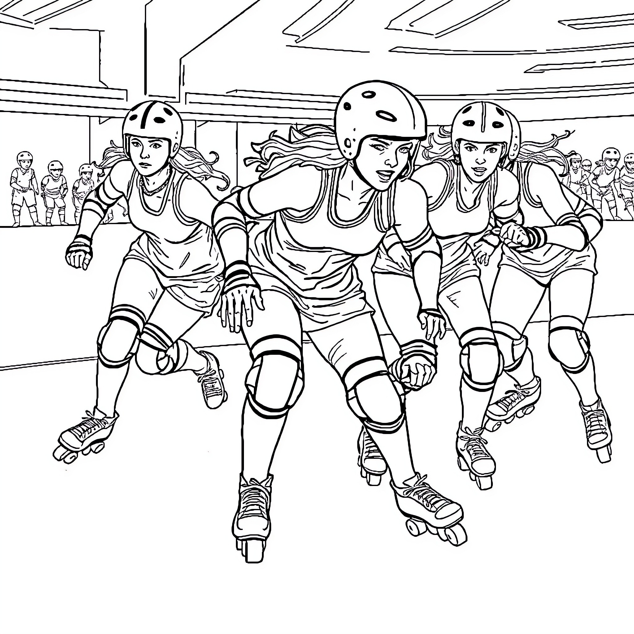 Jammer Roller Derby Athletes in Intense Competition Coloring Page (free black-and-white line drawing printable PDF for all, from beginners to advanced learners, including children, teens, adults, and seniors)