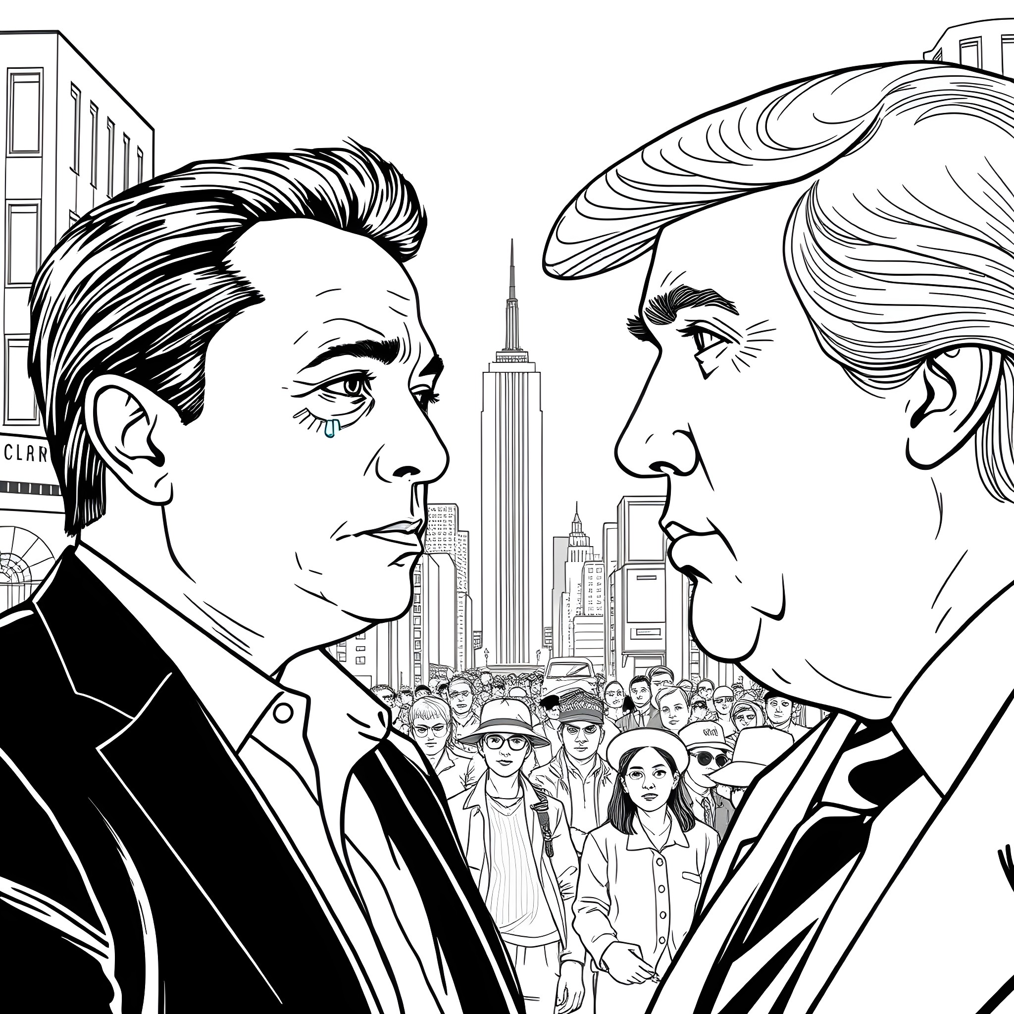 Elon Musk in tense discussion with Donald Trump in the city Coloring Page (free black-and-white line drawing printable PDF for all, from beginners to advanced learners, including children, teens, adults, and seniors)
