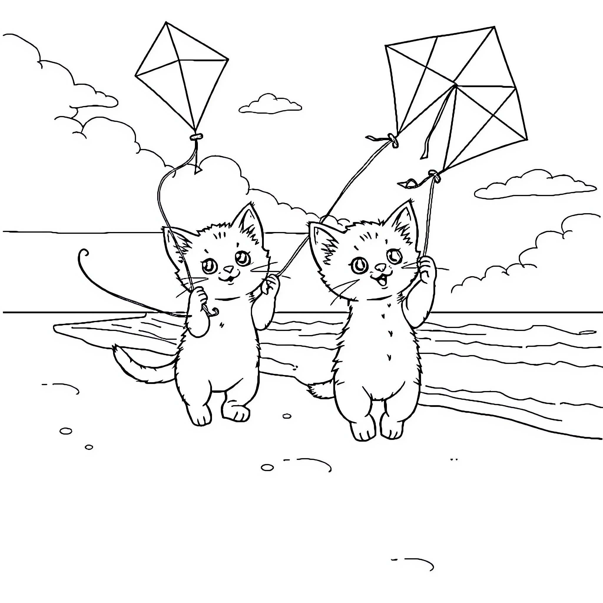 Kittens flying kites on the beach Coloring Page (free black-and-white line drawing printable PDF for all, from beginners to advanced learners, including children, teens, adults, and seniors)
