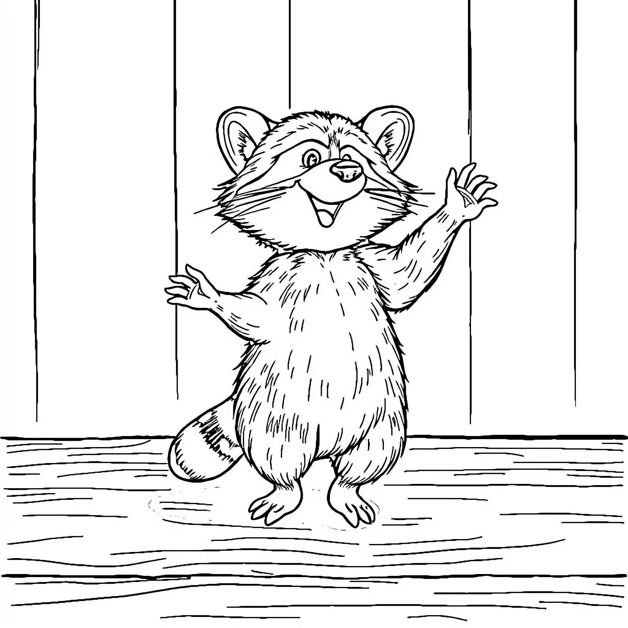 Raccoon cheerfully waving in a cartoon setting Coloring Page (free black-and-white line drawing printable PDF for all, from beginners to advanced learners, including children, teens, adults, and seniors)