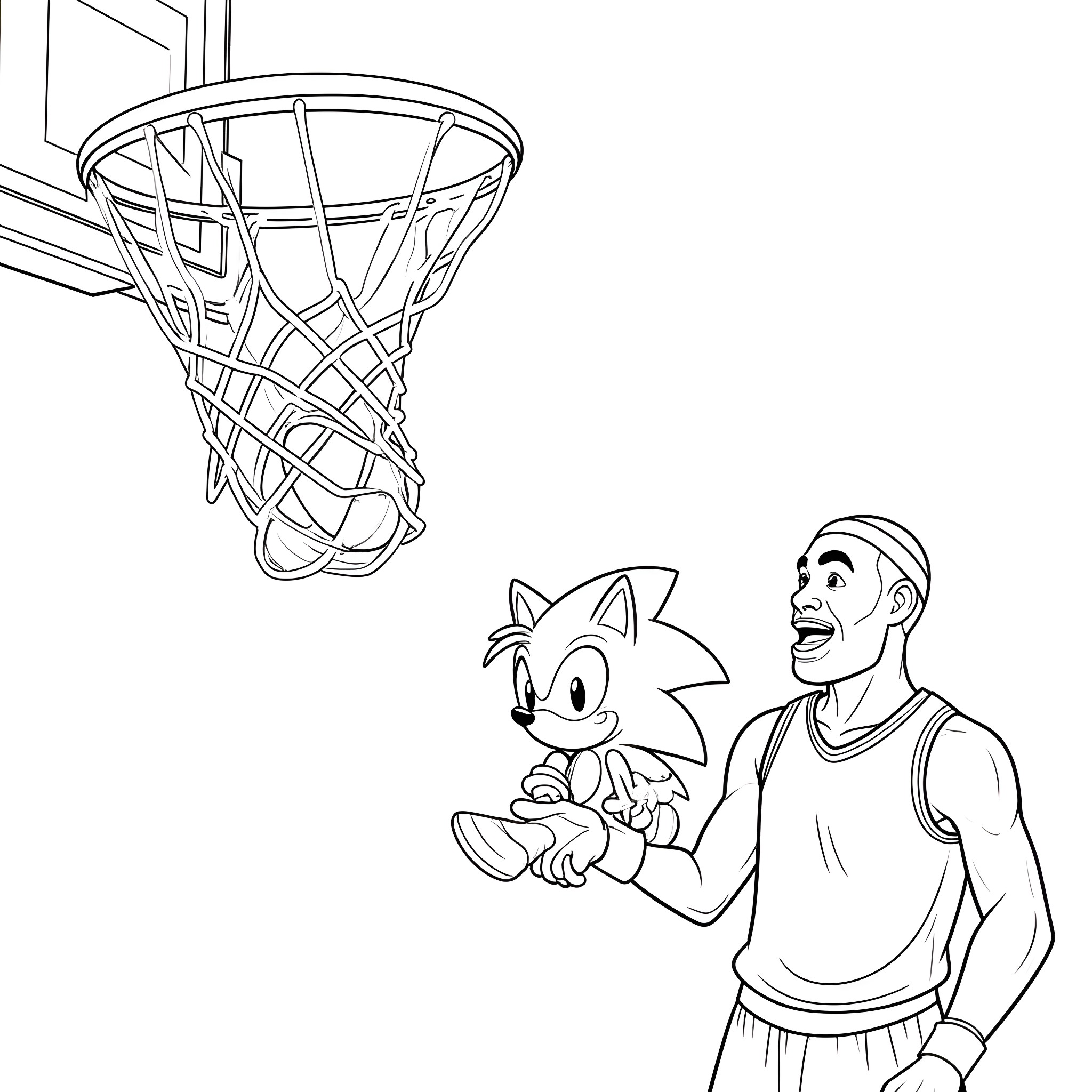 Sonic's Basketball Game with a Friend Coloring Page (free black-and-white line drawing printable PDF for all, from beginners to advanced learners, including children, teens, adults, and seniors)
