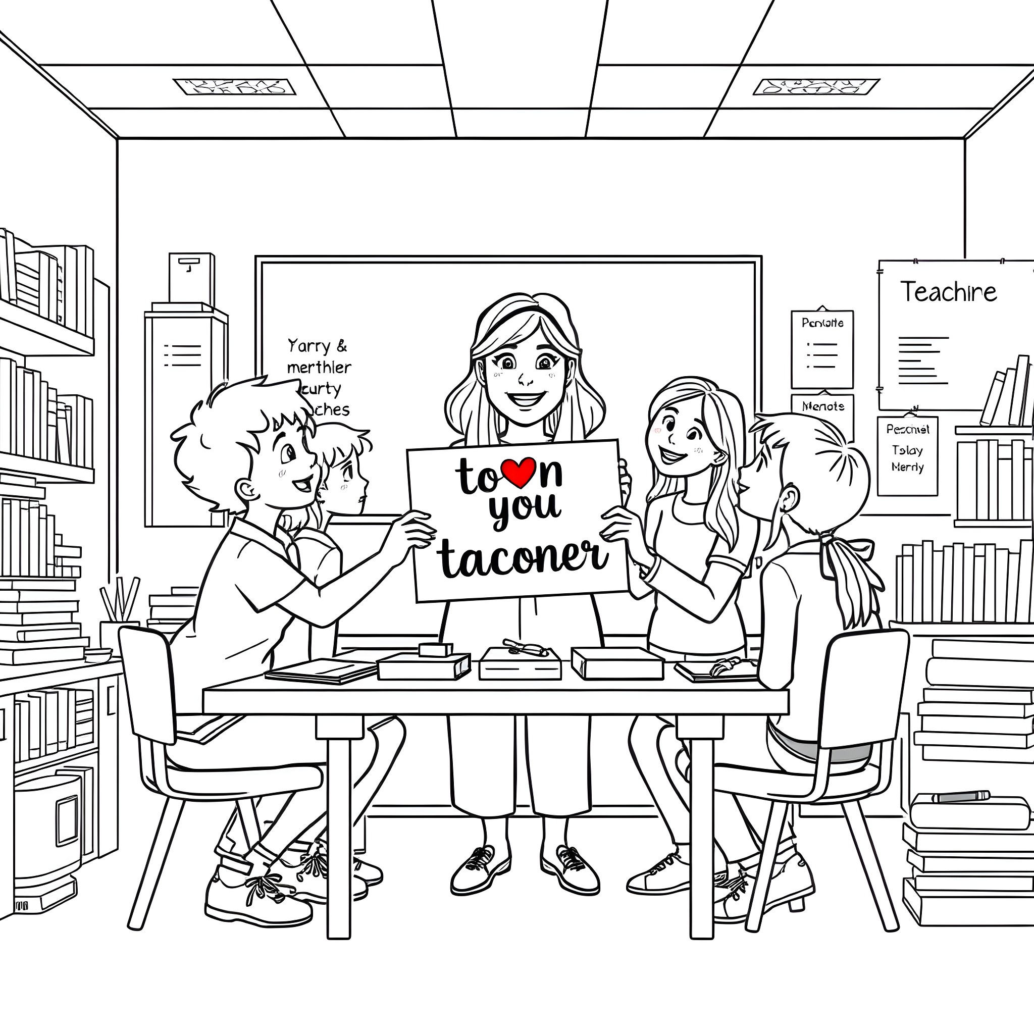Teacher and students working together in classroom Coloring Page (free black-and-white line drawing printable PDF for all, from beginners to advanced learners, including children, teens, adults, and seniors)