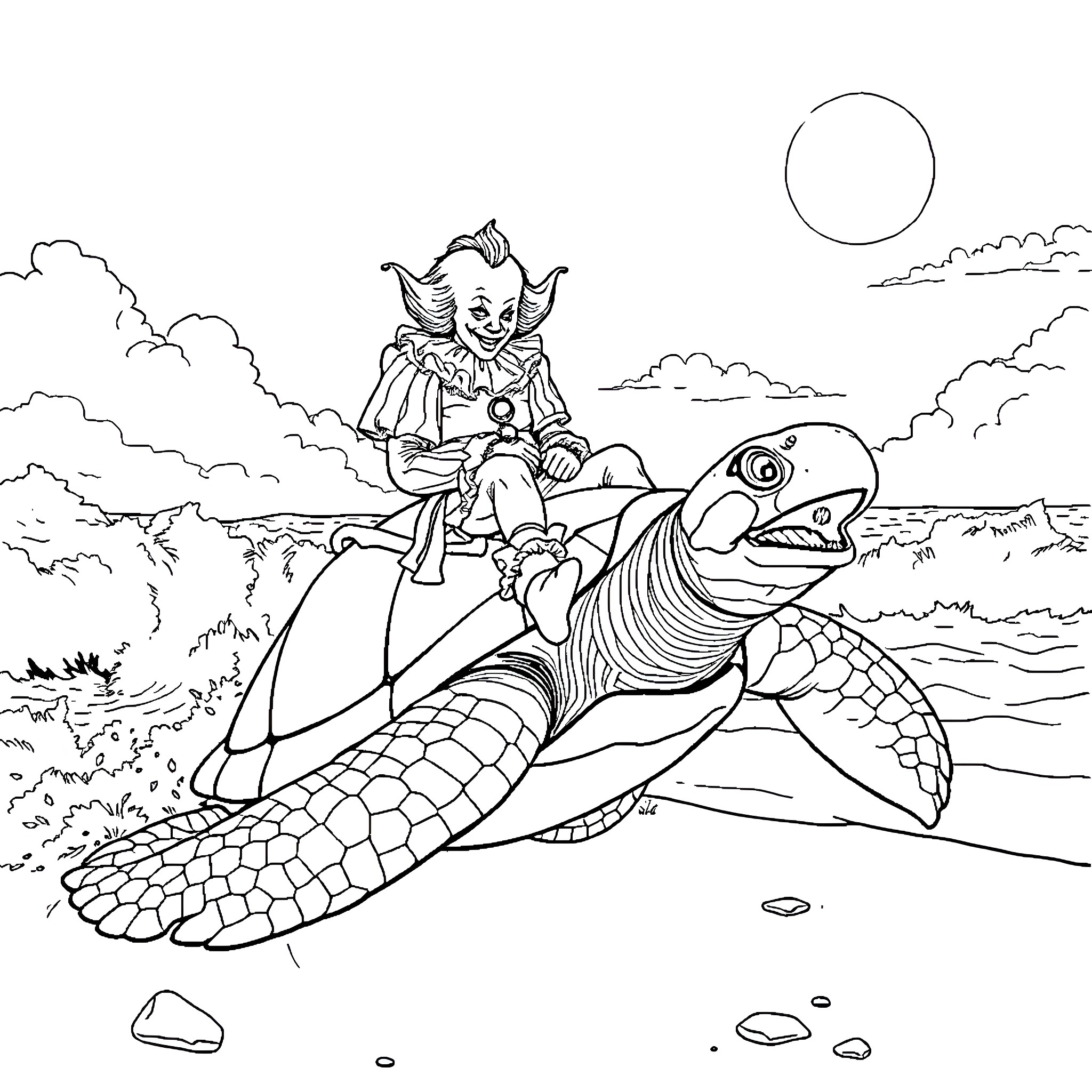 Pennywise rides a sea creature in a spooky landscape Coloring Page (free black-and-white line drawing printable PDF for all, from beginners to advanced learners, including children, teens, adults, and seniors)