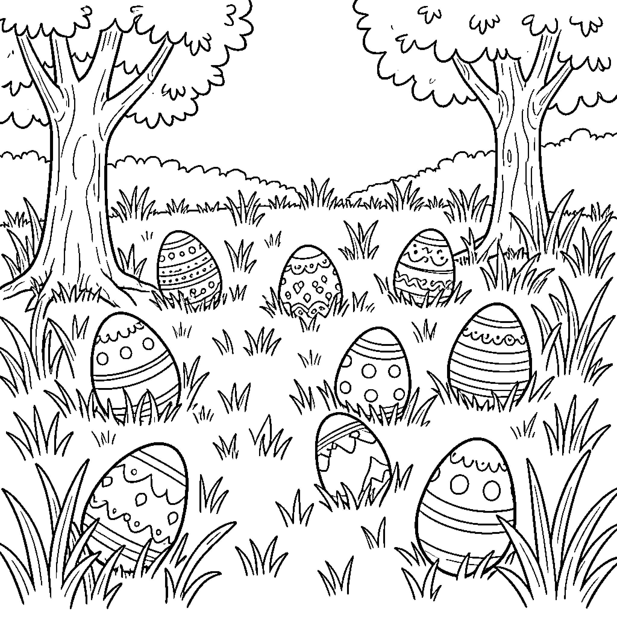 Easter Egg Hunt in the Enchanted Forest Coloring Page (free black-and-white line drawing printable PDF for all, from beginners to advanced learners, including children, teens, adults, and seniors)