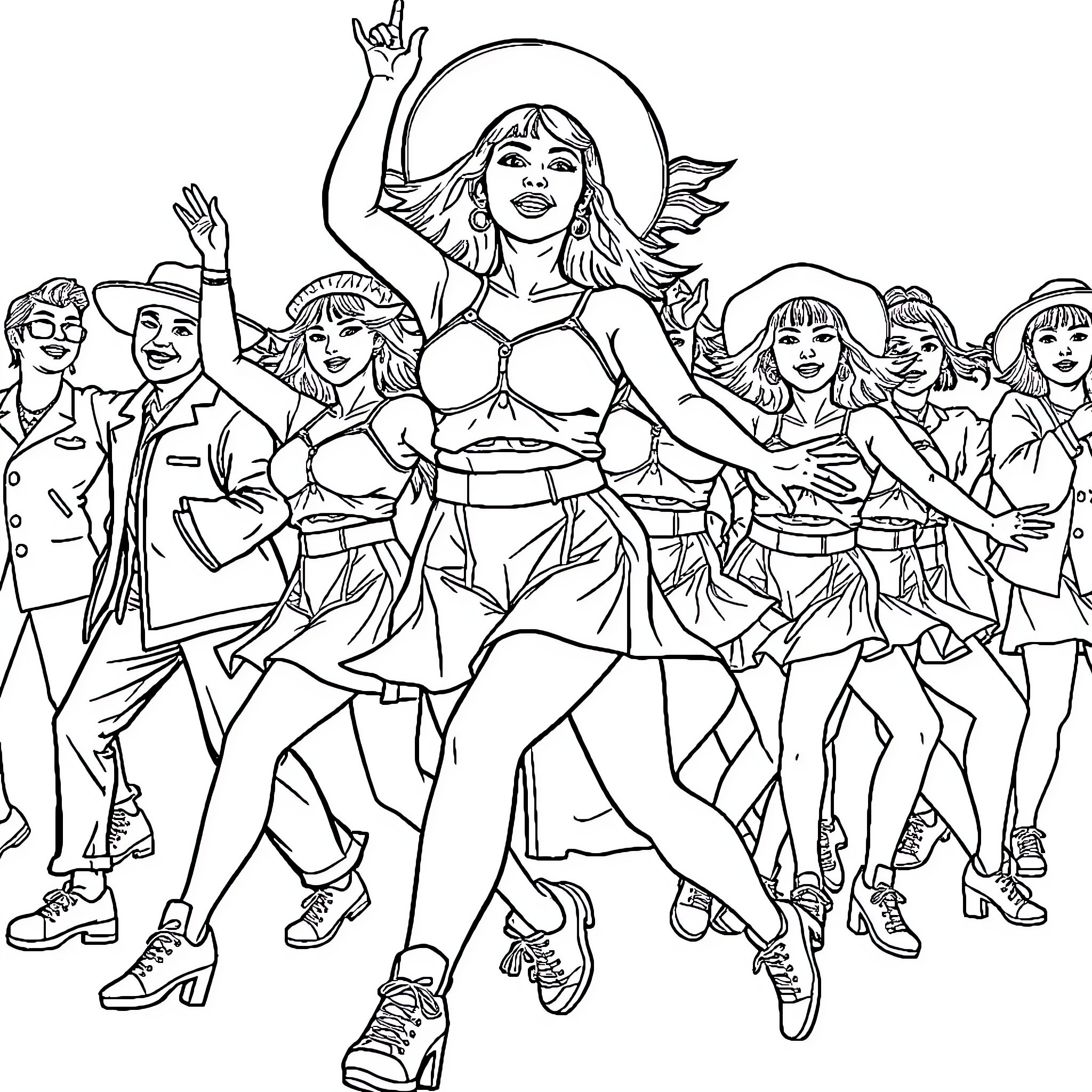 Kpop Guerreras - Empowered Women in Dynamic Poses Coloring Page (free black-and-white line drawing printable PDF for all, from beginners to advanced learners, including children, teens, adults, and seniors)