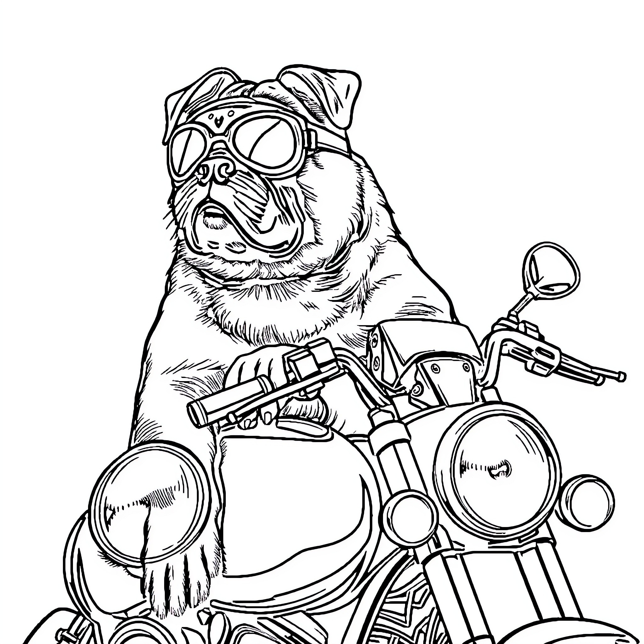 Mastiff riding on a motorcycle with goggles Coloring Page (free black-and-white line drawing printable PDF for all, from beginners to advanced learners, including children, teens, adults, and seniors)