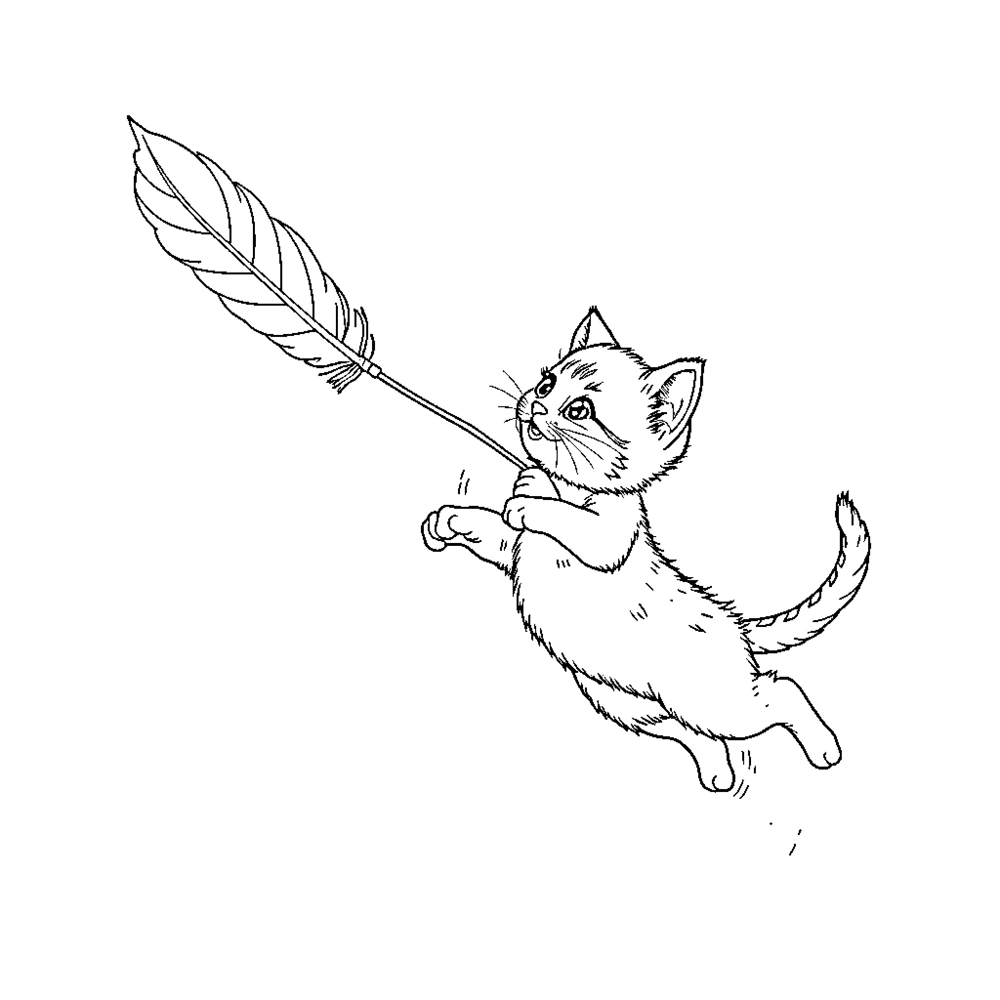 Kitten playfully pouncing on a feather Coloring Page (free black-and-white line drawing printable PDF for all, from beginners to advanced learners, including children, teens, adults, and seniors)