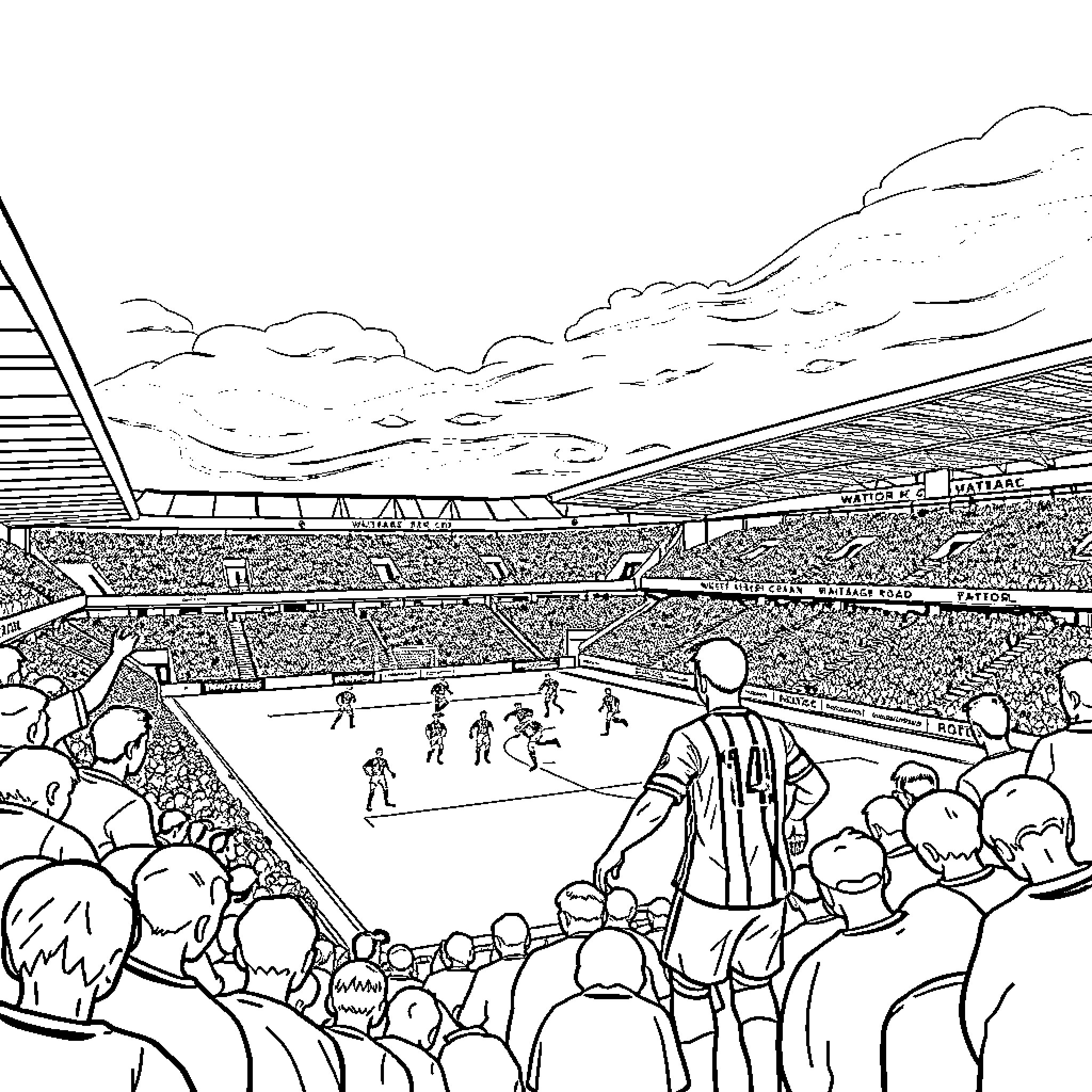 Watford FC - Exciting Football Match in Stadium Coloring Page (free black-and-white line drawing printable PDF for all, from beginners to advanced learners, including children, teens, adults, and seniors)