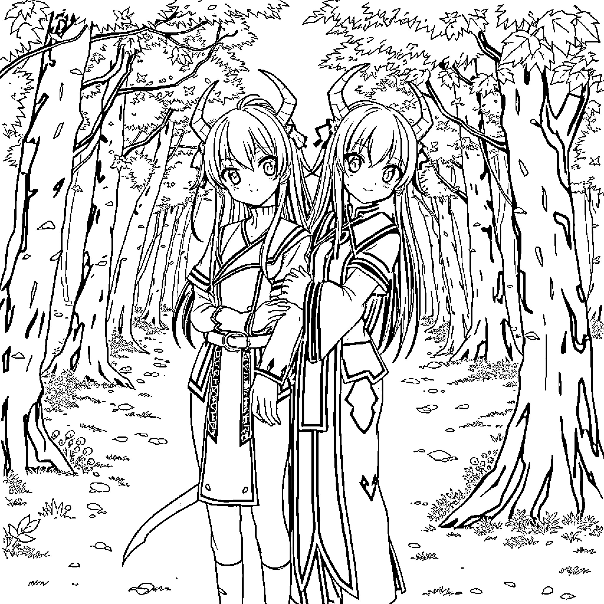 Kanae Kocho - Two young friends exploring the forest together Coloring Page (free black-and-white line drawing printable PDF for all, from beginners to advanced learners, including children, teens, adults, and seniors)