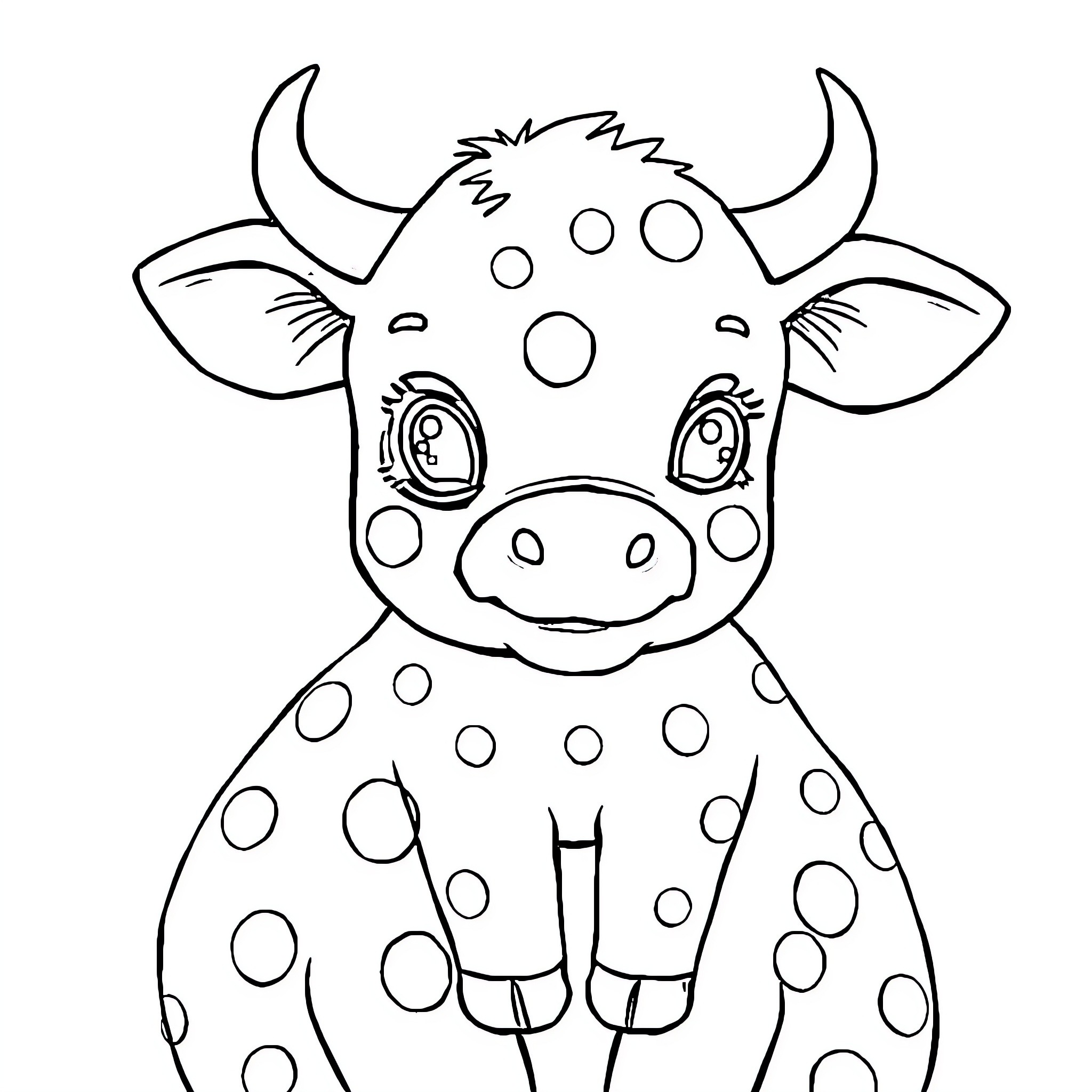 Cow with spotted pattern enjoying the outdoors Coloring Page (free black-and-white line drawing printable PDF for all, from beginners to advanced learners, including children, teens, adults, and seniors)