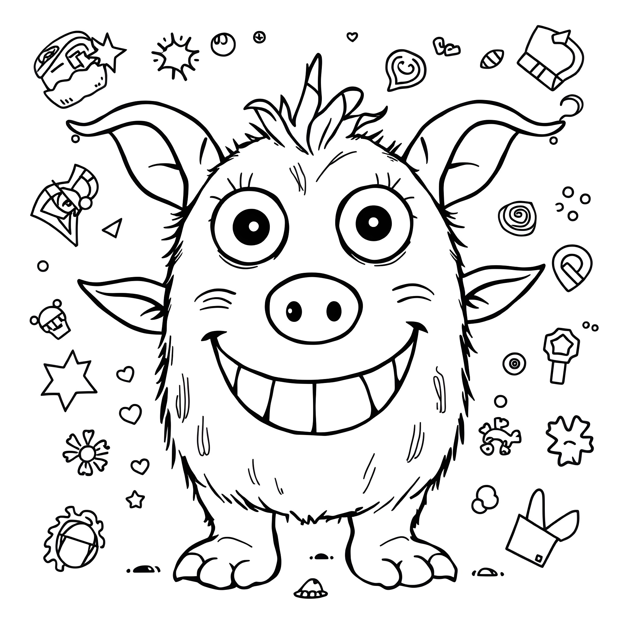 Monster with happy expression and adorable features Coloring Page (free black-and-white line drawing printable PDF for all, from beginners to advanced learners, including children, teens, adults, and seniors)