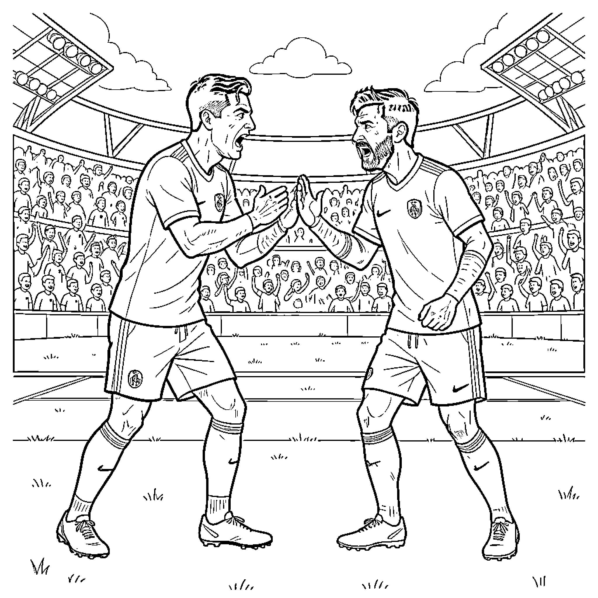 Ronaldo Celebrates with Opponent on Soccer Pitch Coloring Page (free black-and-white line drawing printable PDF for all, from beginners to advanced learners, including children, teens, adults, and seniors)