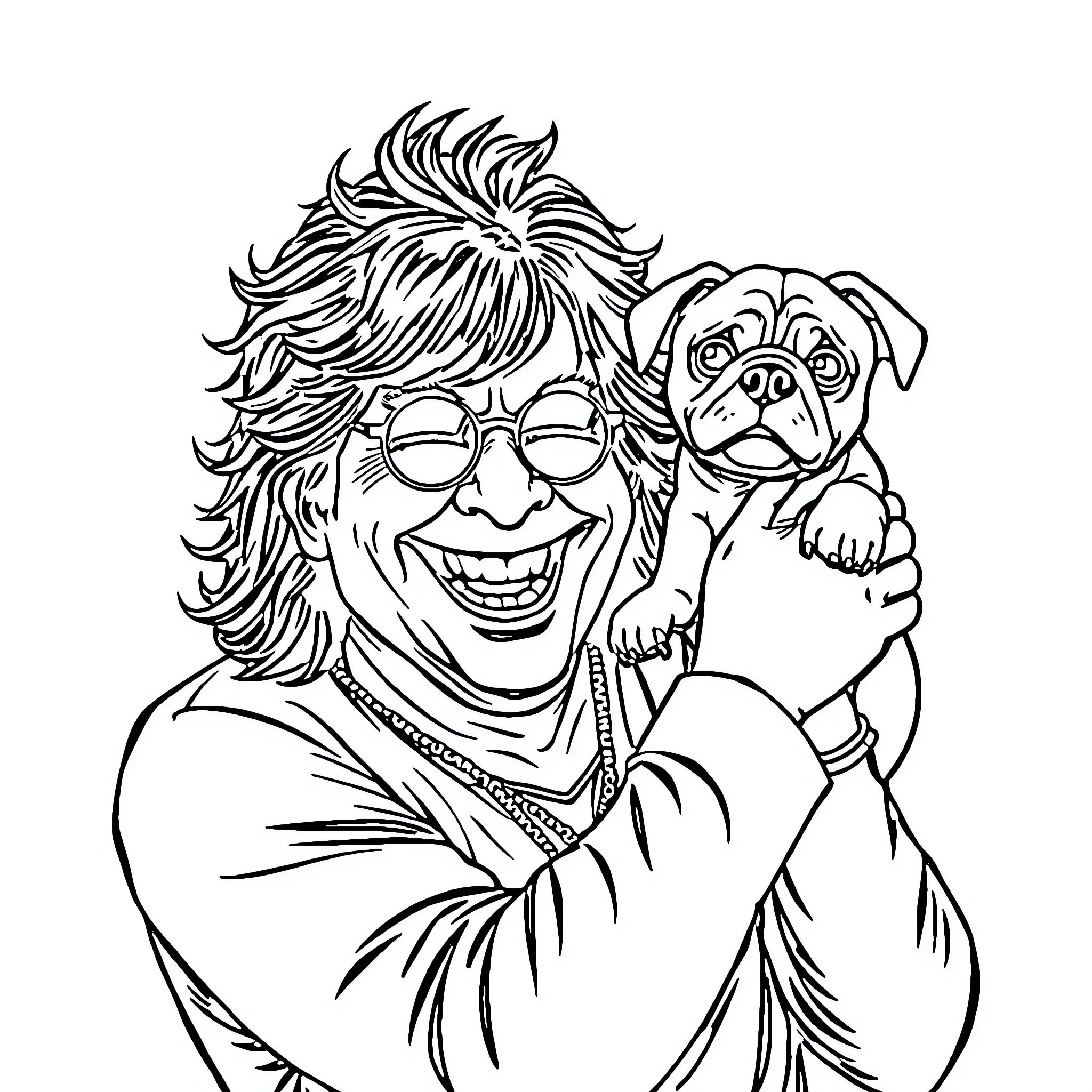 Ozzy Osbourne's Exuberant Embrace of a Canine Companion Coloring Page (free black-and-white line drawing printable PDF for all, from beginners to advanced learners, including children, teens, adults, and seniors)