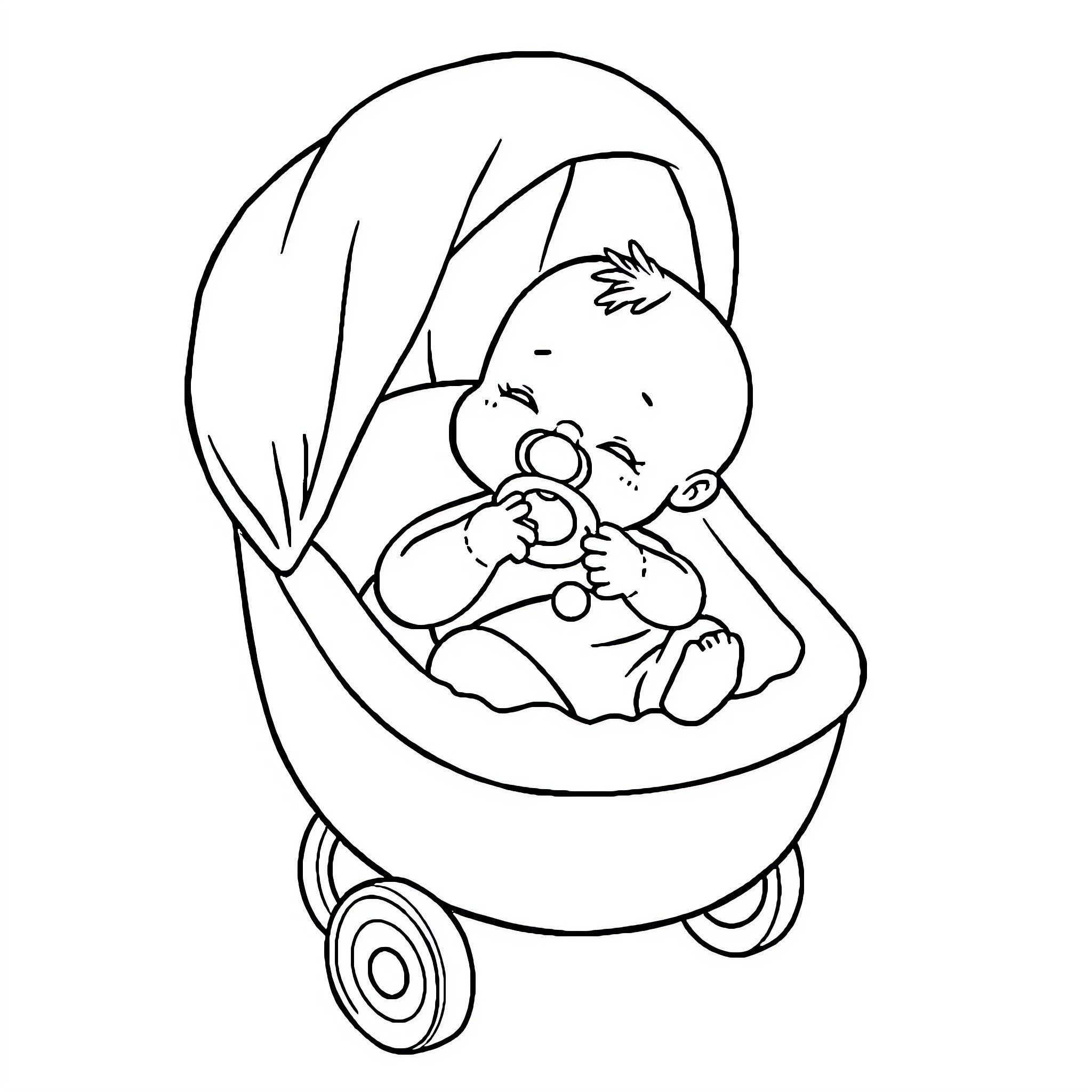 Baby sleeping peacefully in stroller Coloring Page (free black-and-white line drawing printable PDF for all, from beginners to advanced learners, including children, teens, adults, and seniors)