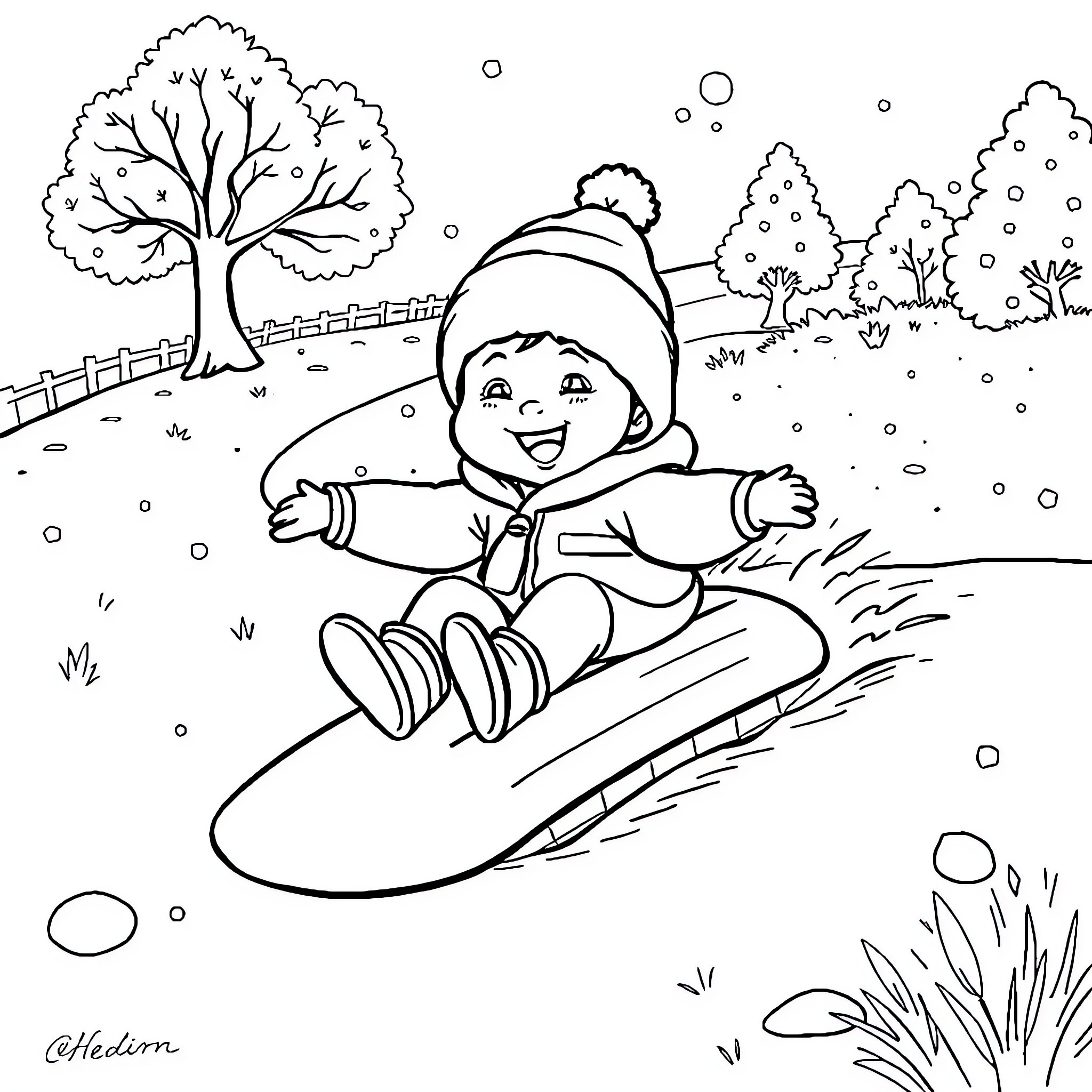 Bebe enjoying a snowy sled ride in the winter wonderland Coloring Page (free black-and-white line drawing printable PDF for all, from beginners to advanced learners, including children, teens, adults, and seniors)