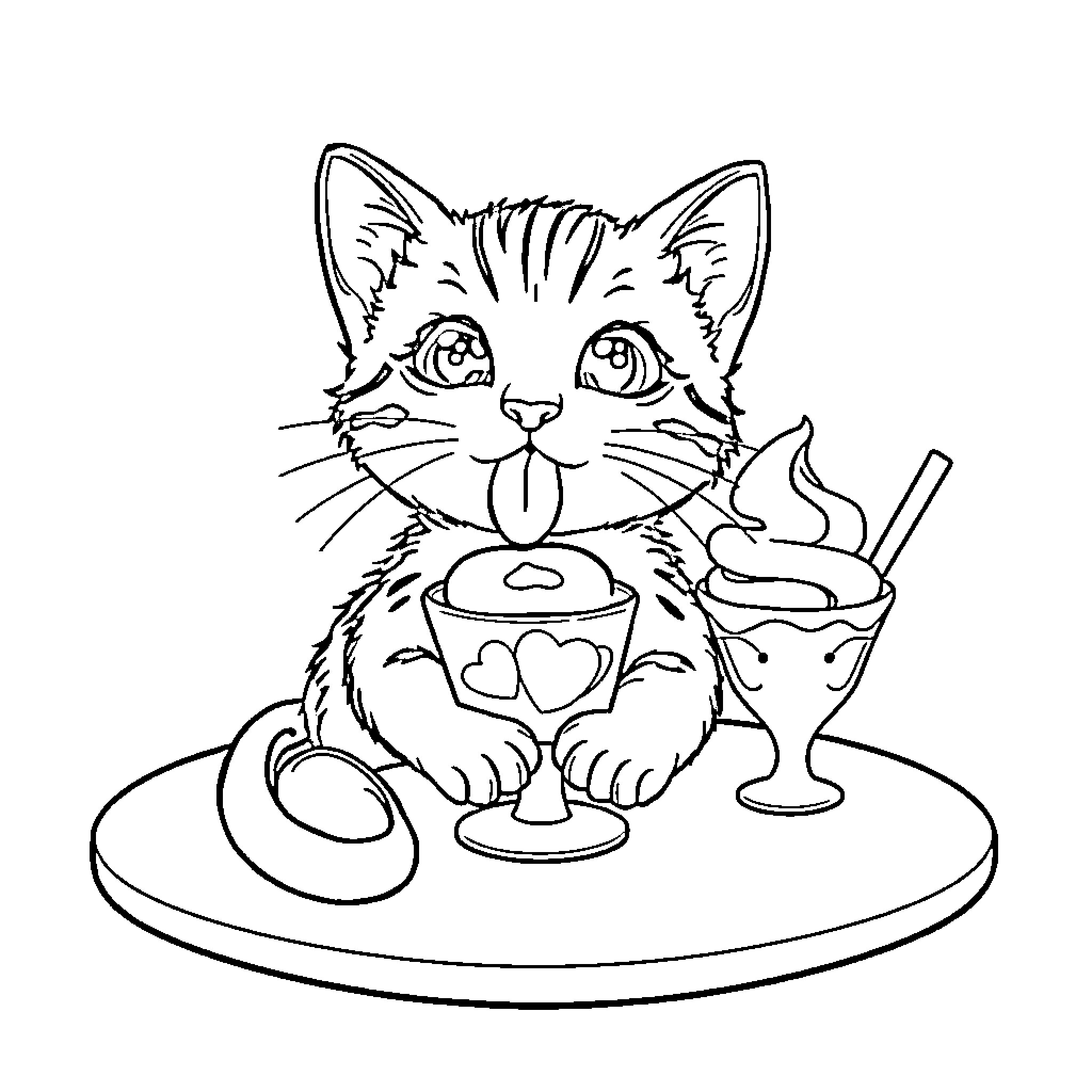 Cat enjoying a sweet treat Coloring Page (free black-and-white line drawing printable PDF for all, from beginners to advanced learners, including children, teens, adults, and seniors)