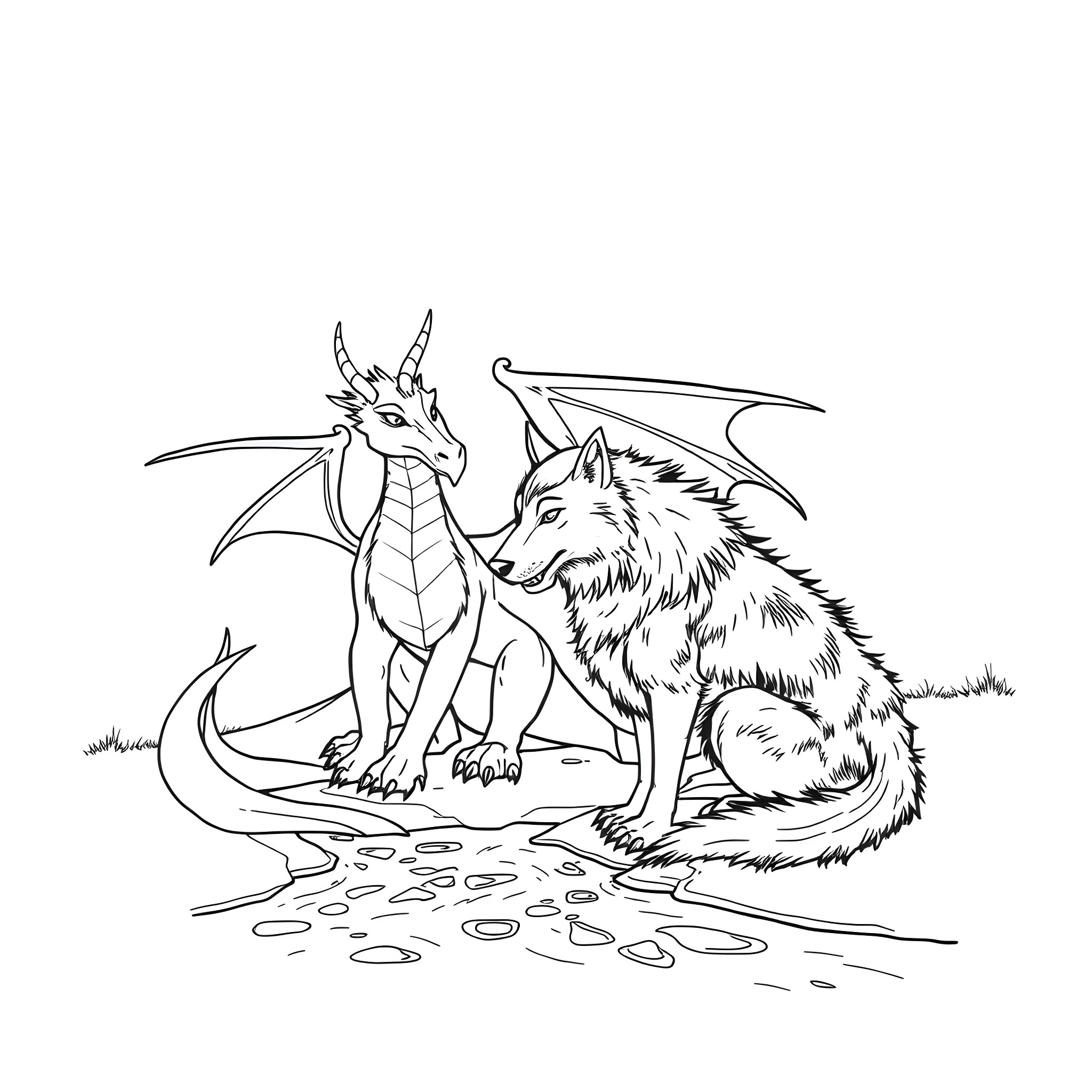 Dragon and Mythical Creature Coexisting in Nature Coloring Page (free black-and-white line drawing printable PDF for all, from beginners to advanced learners, including children, teens, adults, and seniors)
