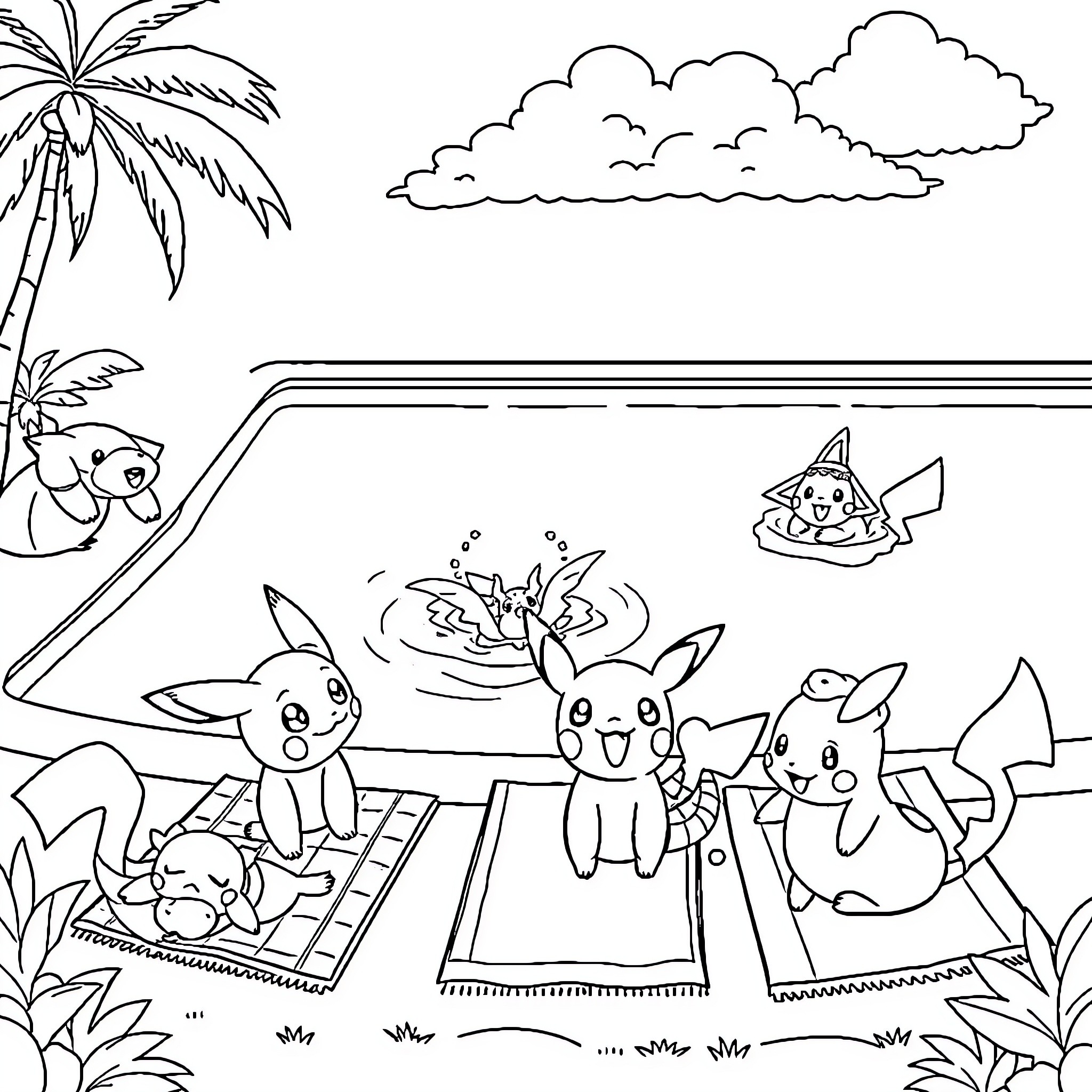 Pokémon enjoying a tropical beach scene Coloring Page (free black-and-white line drawing printable PDF for all, from beginners to advanced learners, including children, teens, adults, and seniors)