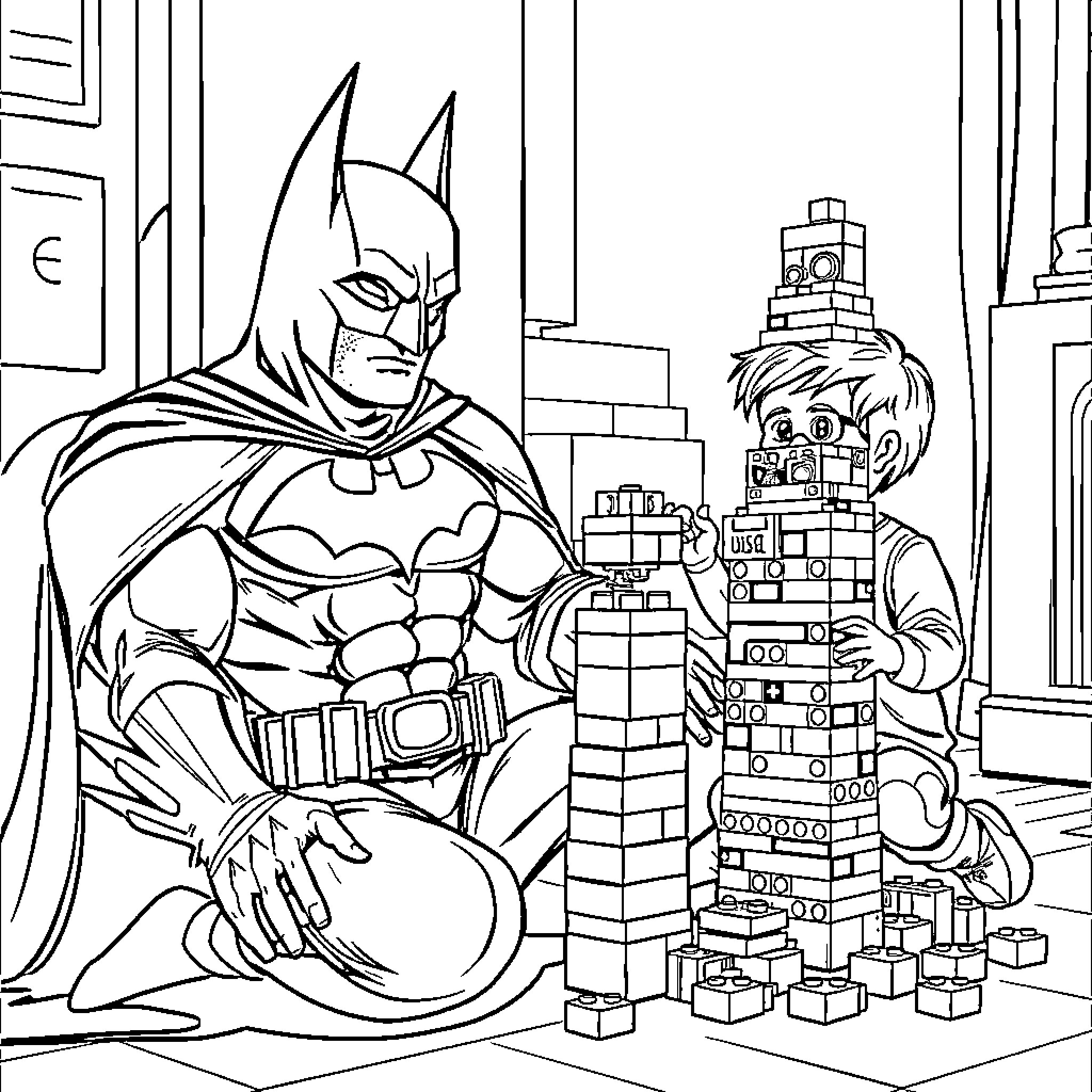 Batman confronting a Lego figure in a cityscape Coloring Page (free black-and-white line drawing printable PDF for all, from beginners to advanced learners, including children, teens, adults, and seniors)