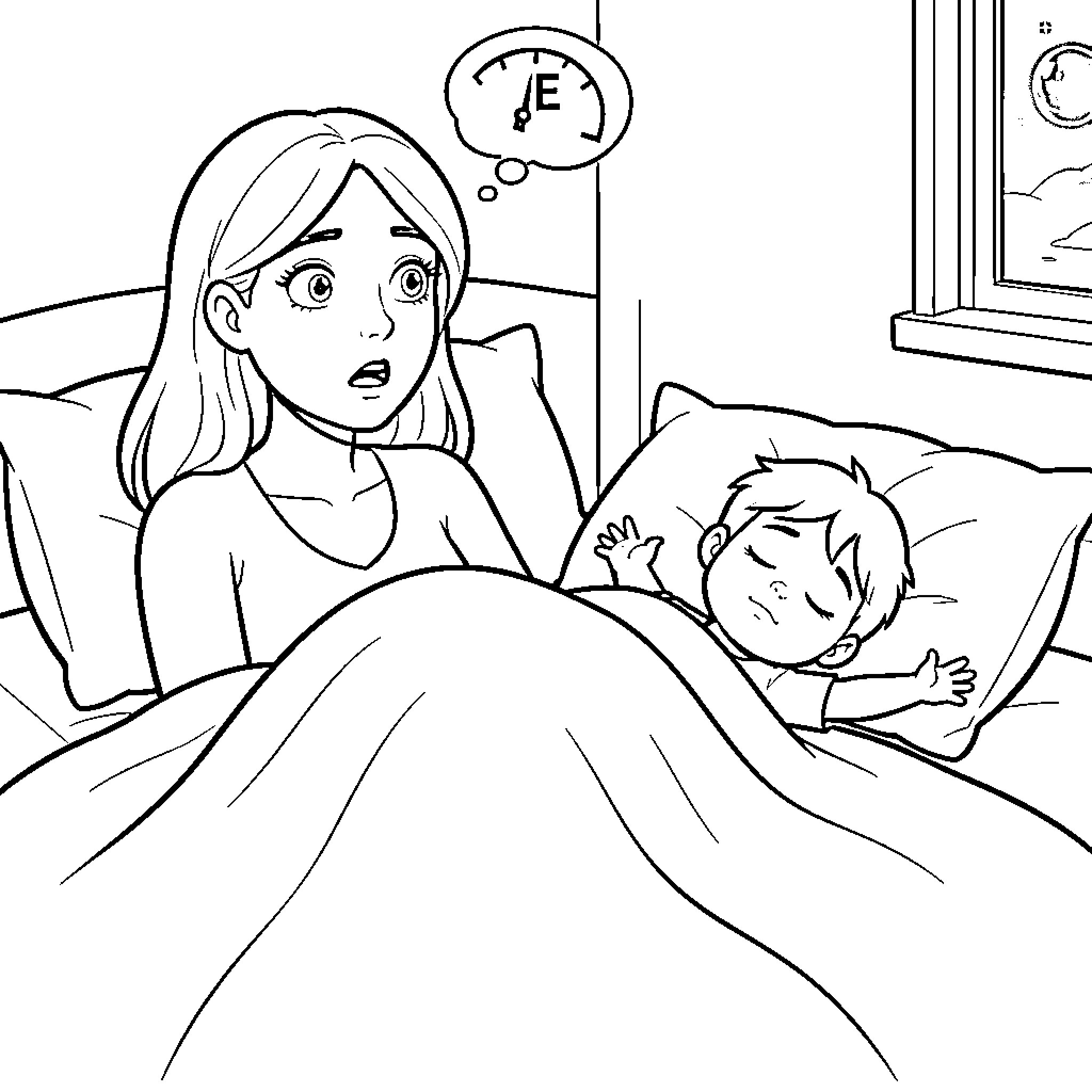 Woman Concerned as Child Sleeps Restlessly Coloring Page (free black-and-white line drawing printable PDF for all, from beginners to advanced learners, including children, teens, adults, and seniors)