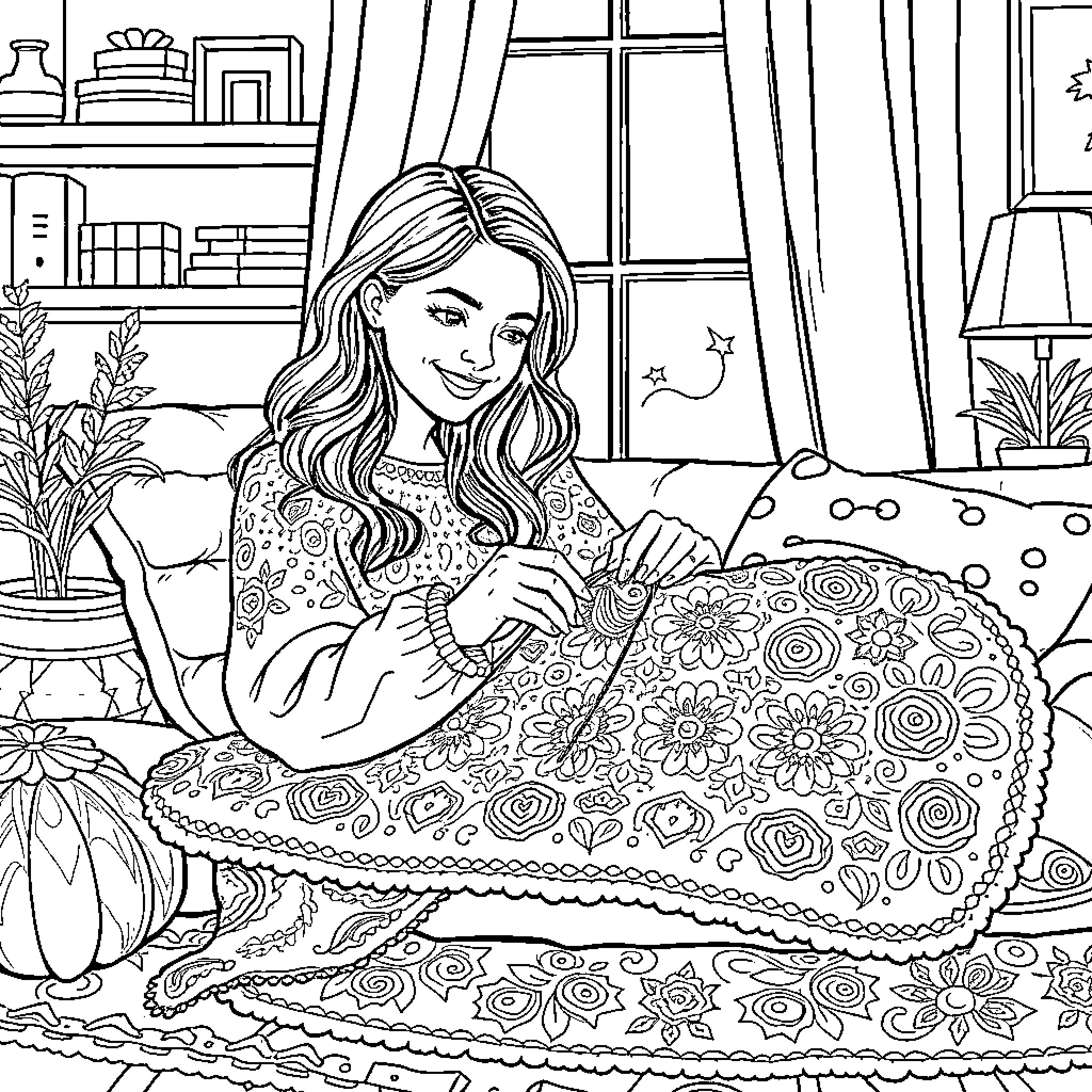 Blanket of Floral Comfort Coloring Page (free black-and-white line drawing printable PDF for all, from beginners to advanced learners, including children, teens, adults, and seniors)