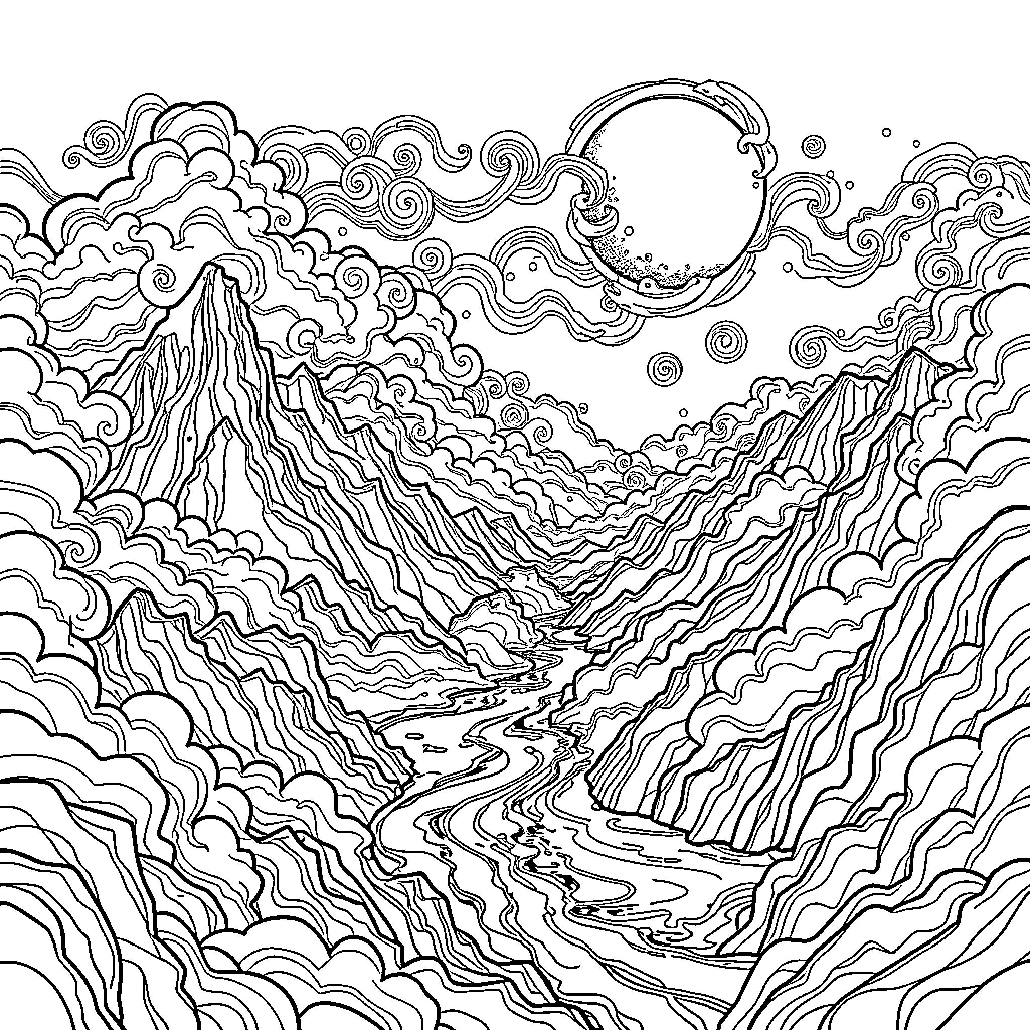 Xianxia Landscape of Flowing Peaks and Celestial Moon Coloring Page (free black-and-white line drawing printable PDF for all, from beginners to advanced learners, including children, teens, adults, and seniors)