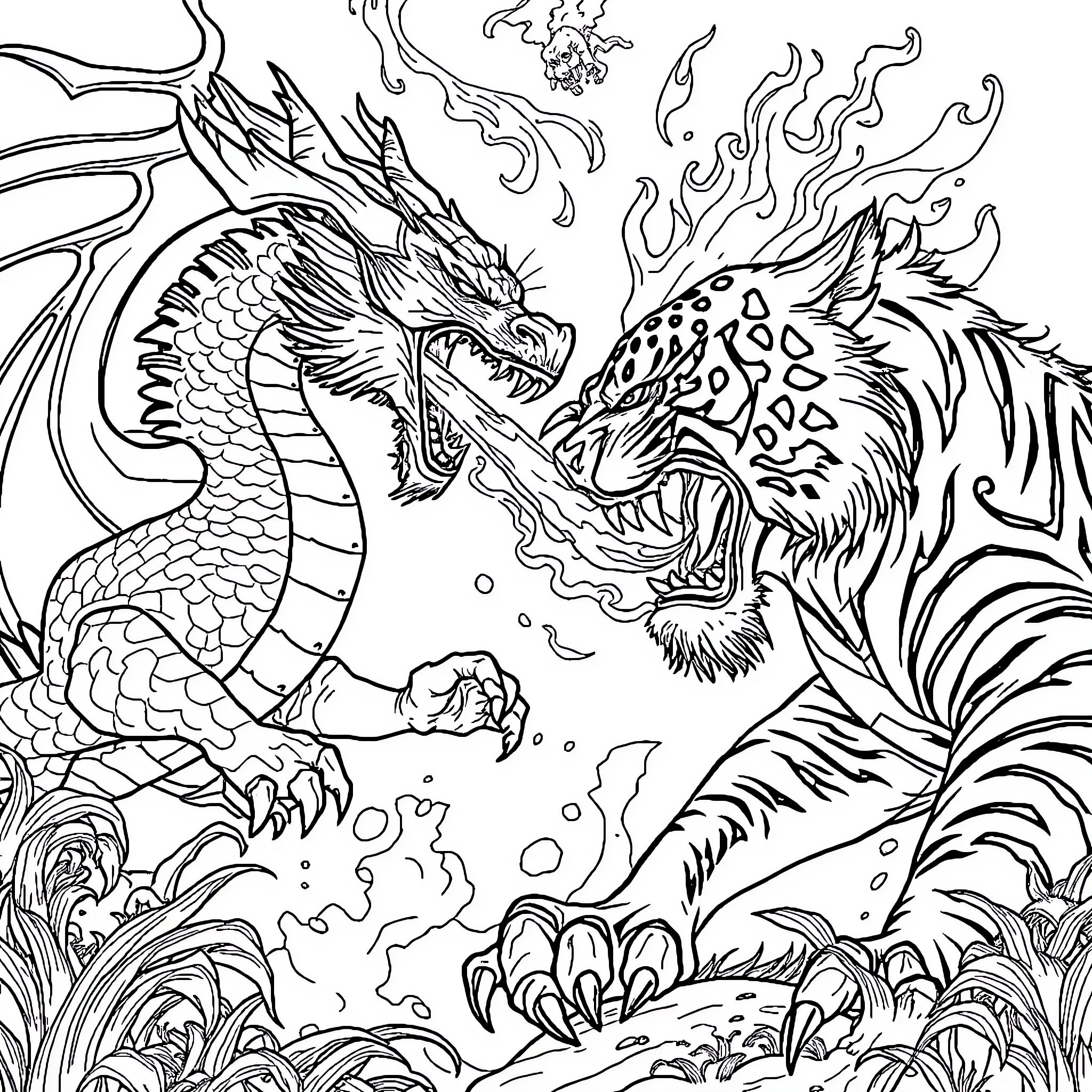 Dragon ferociously battling with a tiger in the wild Coloring Page (free black-and-white line drawing printable PDF for all, from beginners to advanced learners, including children, teens, adults, and seniors)