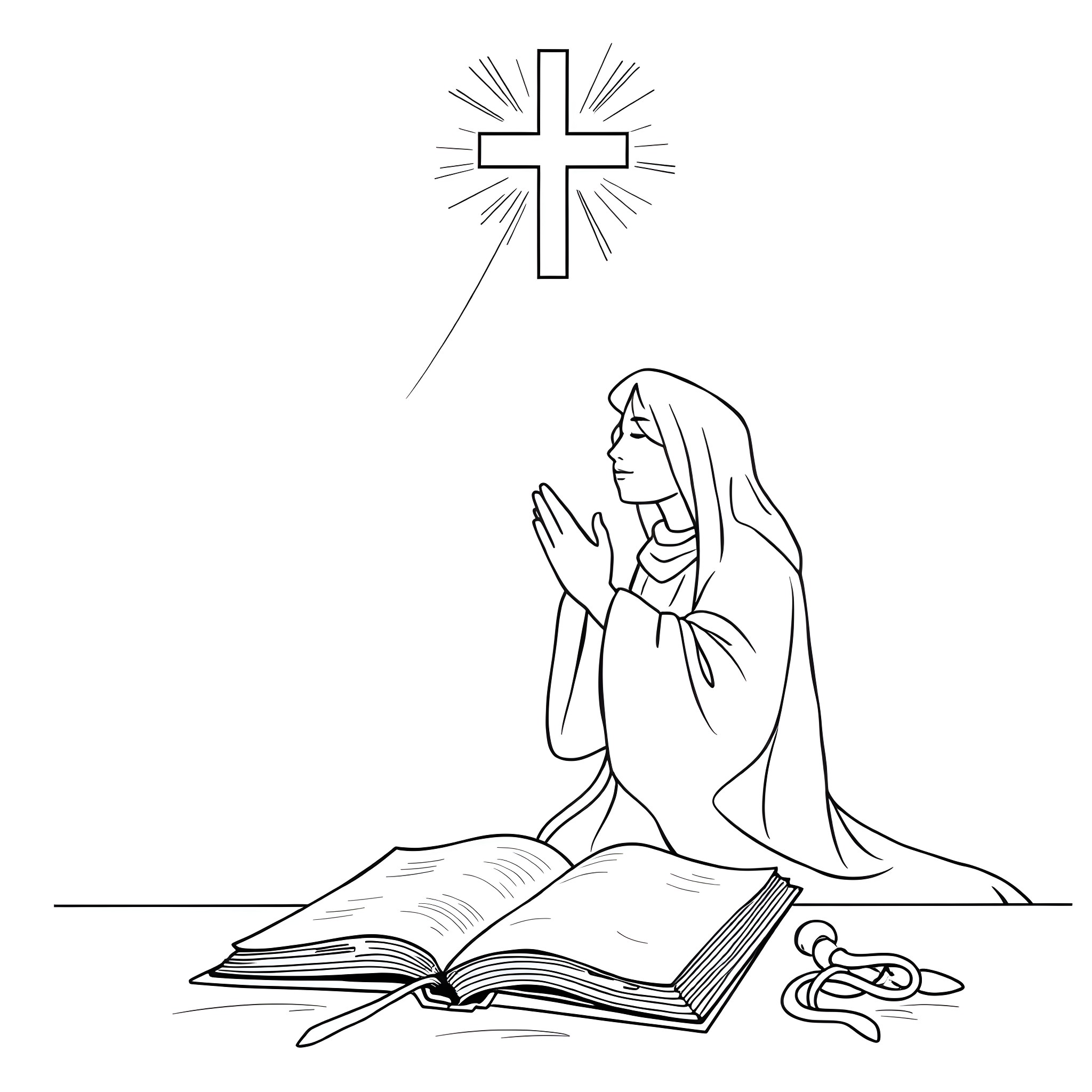 Christian woman praying before a cross Coloring Page (free black-and-white line drawing printable PDF for all, from beginners to advanced learners, including children, teens, adults, and seniors)