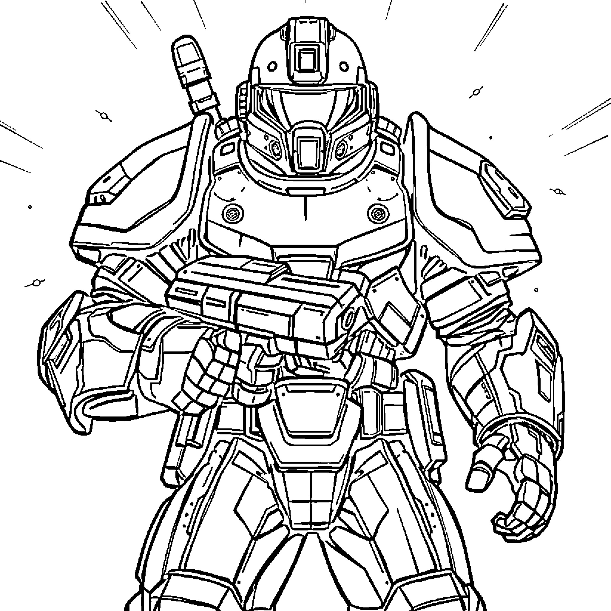 Power Armor Warrior in Heroic Stance Coloring Page (free black-and-white line drawing printable PDF for all, from beginners to advanced learners, including children, teens, adults, and seniors)