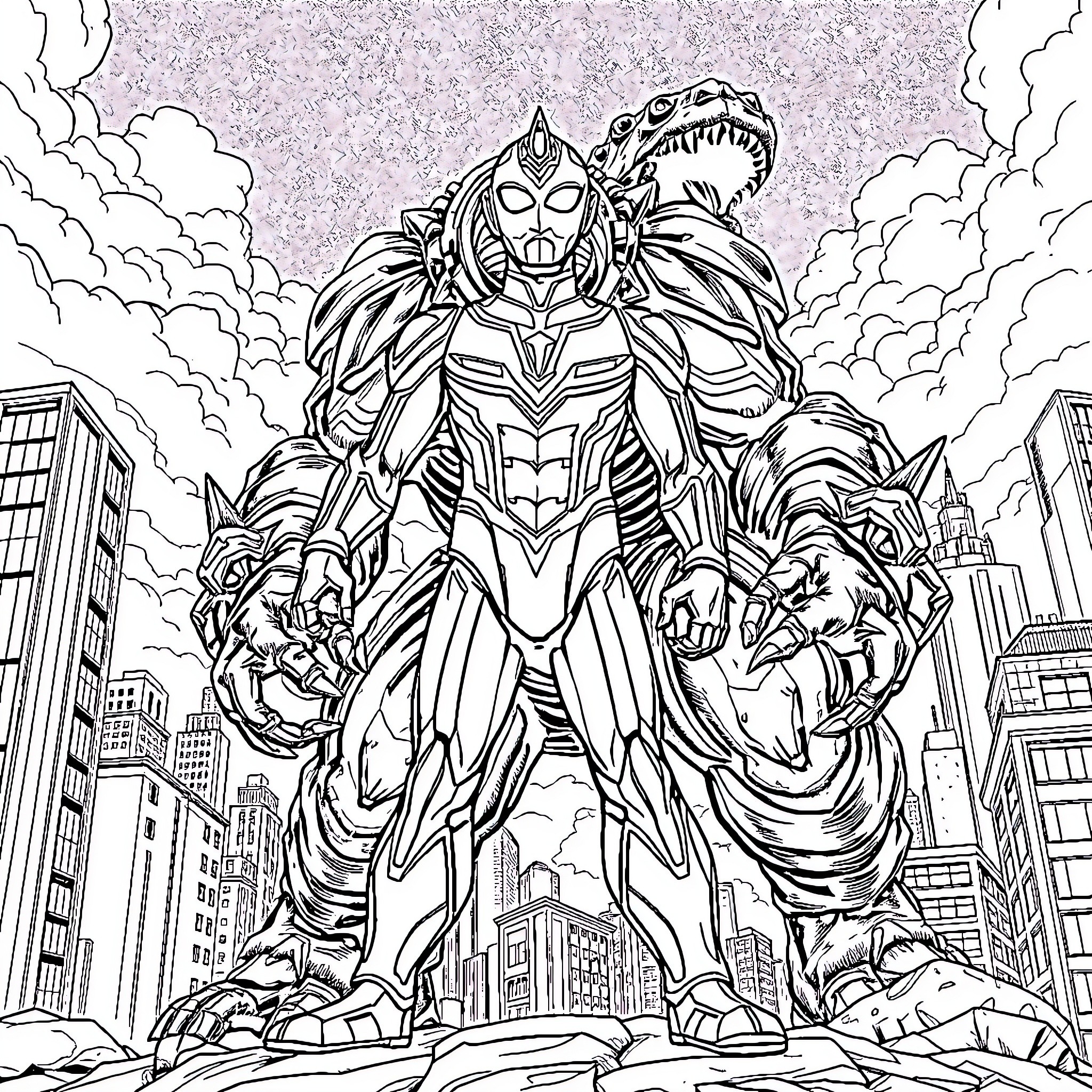 Ultraman Battles Mighty Foes in Urban Landscape Coloring Page (free black-and-white line drawing printable PDF for all, from beginners to advanced learners, including children, teens, adults, and seniors)