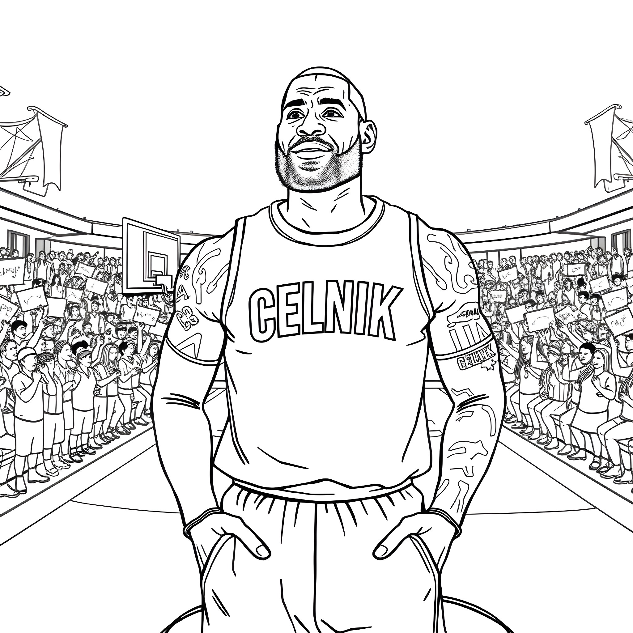 LeBron James Celebrated for His Celnik Sports Apparel Coloring Page (free black-and-white line drawing printable PDF for all, from beginners to advanced learners, including children, teens, adults, and seniors)