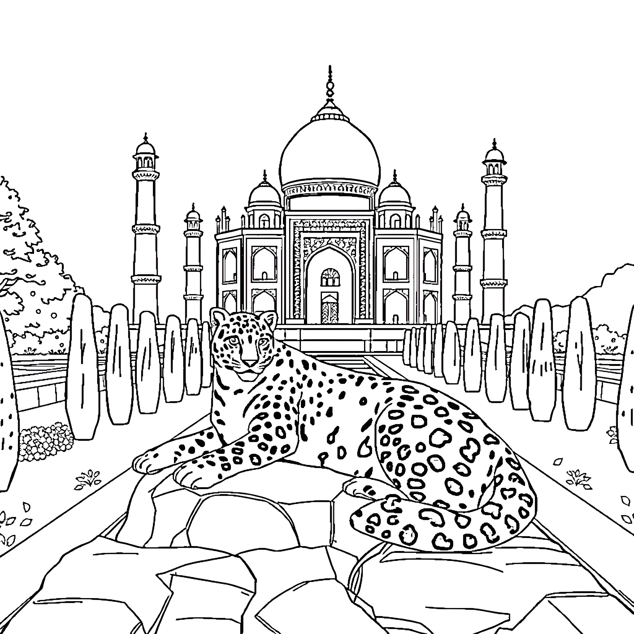 Snow Leopard resting near the Taj Mahal Coloring Page (free black-and-white line drawing printable PDF for all, from beginners to advanced learners, including children, teens, adults, and seniors)