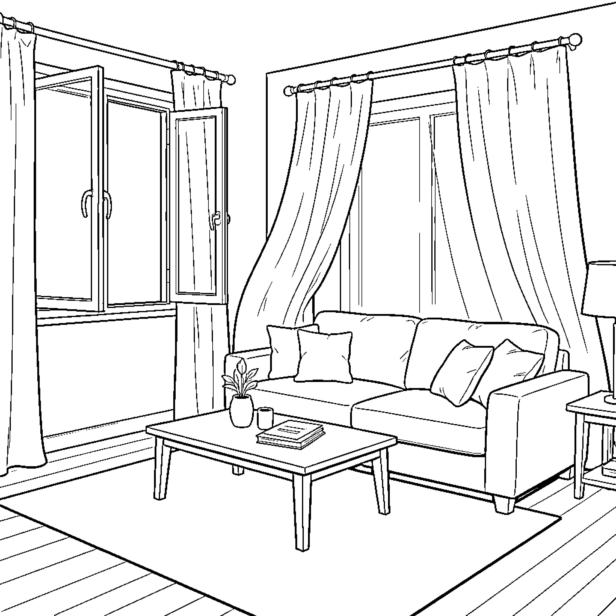 Salon-style Relaxation in Cozy Indoor Space Coloring Page (free black-and-white line drawing printable PDF for all, from beginners to advanced learners, including children, teens, adults, and seniors)