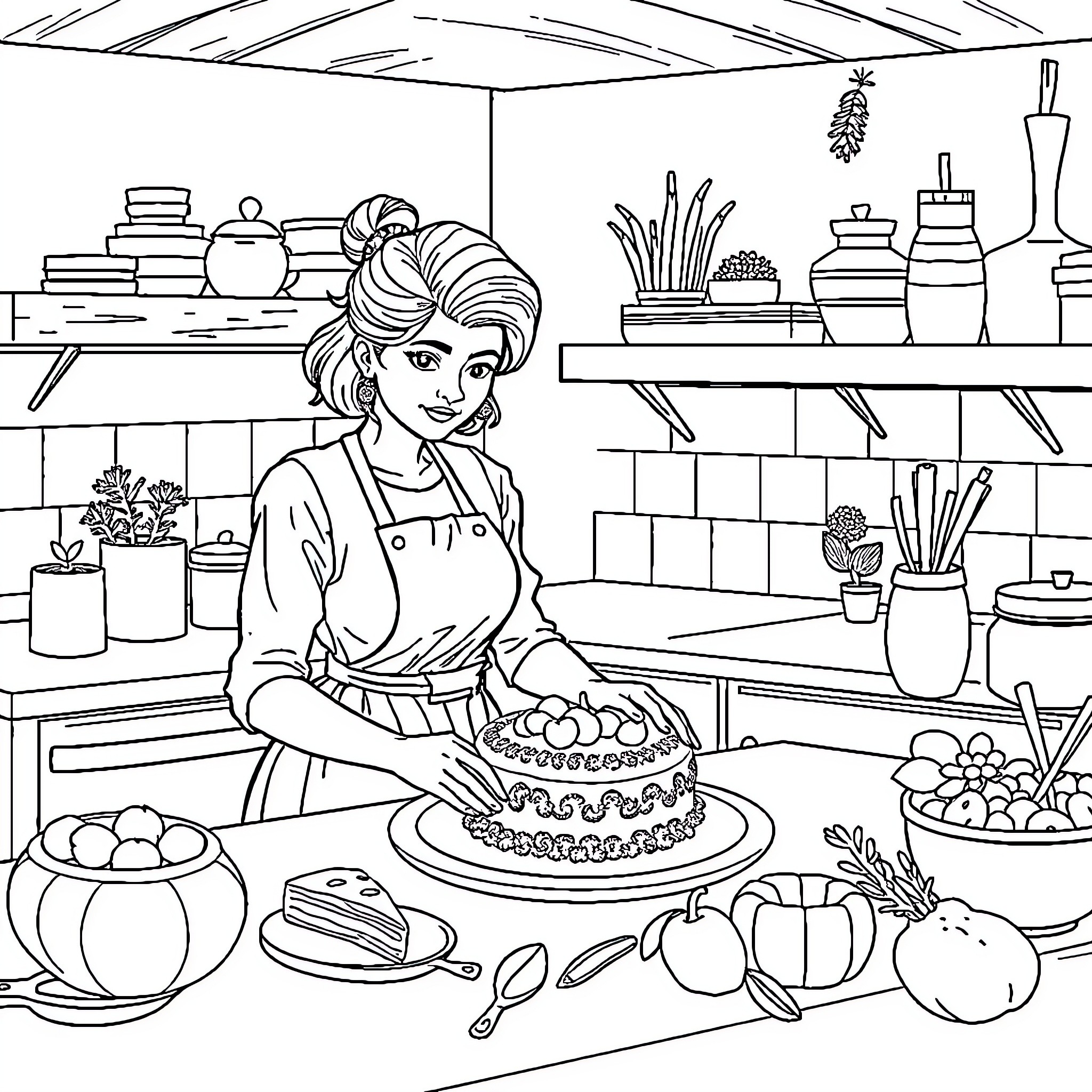 Snow White baking a cake in the kitchen Coloring Page (free black-and-white line drawing printable PDF for all, from beginners to advanced learners, including children, teens, adults, and seniors)