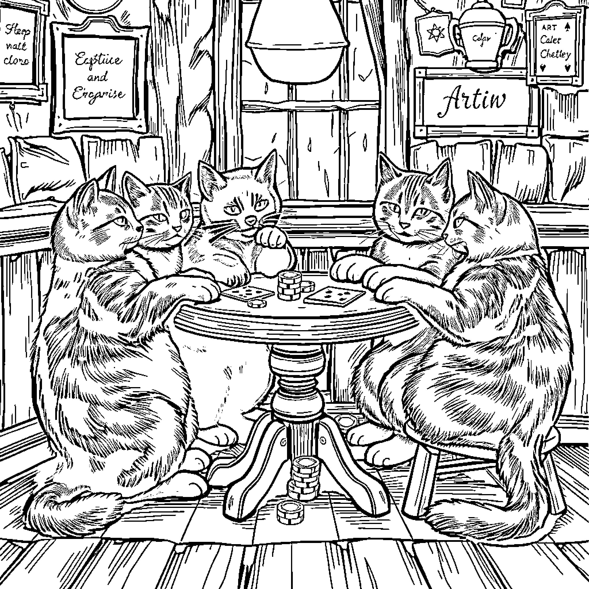 Cats Relaxing and Playing at Cozy Cafe Coloring Page (free black-and-white line drawing printable PDF for all, from beginners to advanced learners, including children, teens, adults, and seniors)