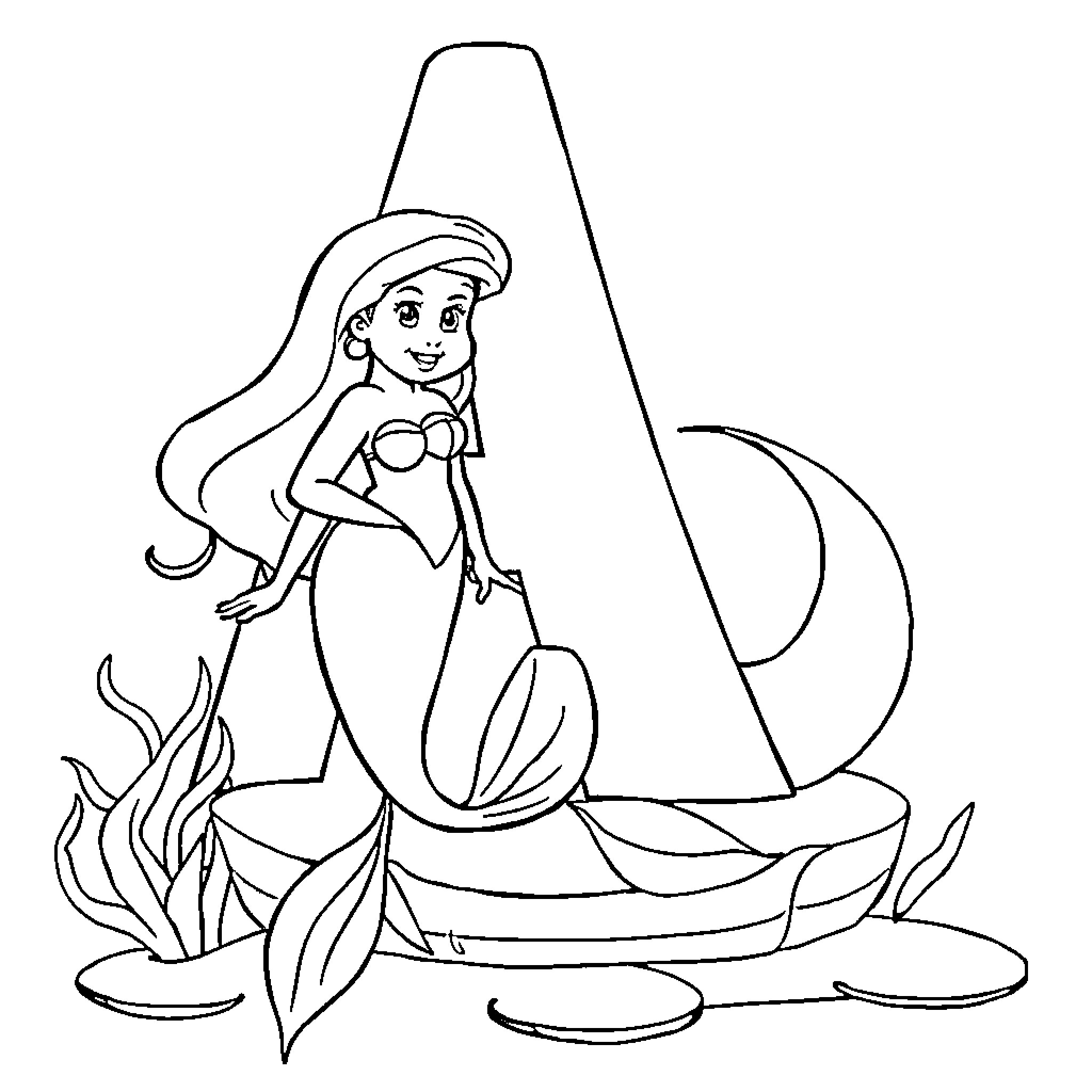 Ariel sitting gracefully by the ocean waves Coloring Page (free black-and-white line drawing printable PDF for all, from beginners to advanced learners, including children, teens, adults, and seniors)
