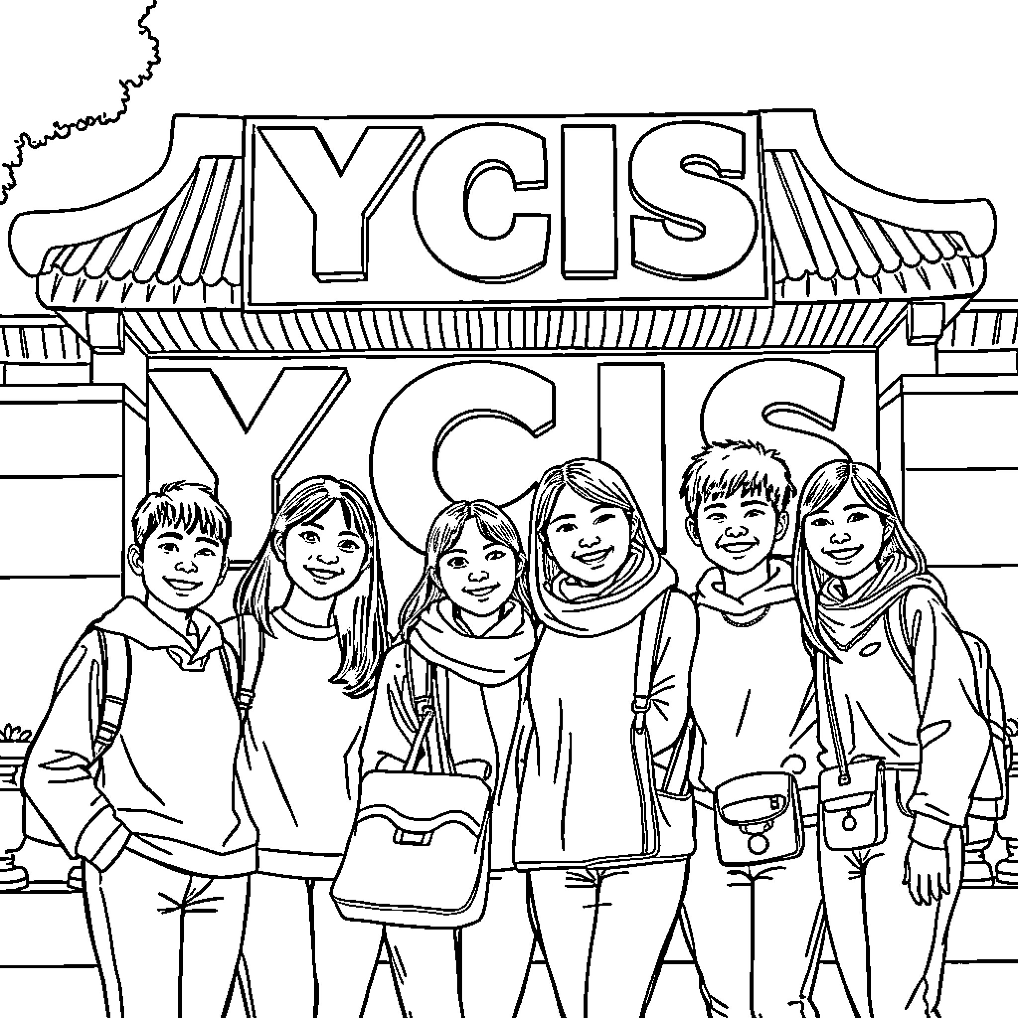 Students in winter clothing pose in front of YCIS school Coloring Page (free black-and-white line drawing printable PDF for all, from beginners to advanced learners, including children, teens, adults, and seniors)