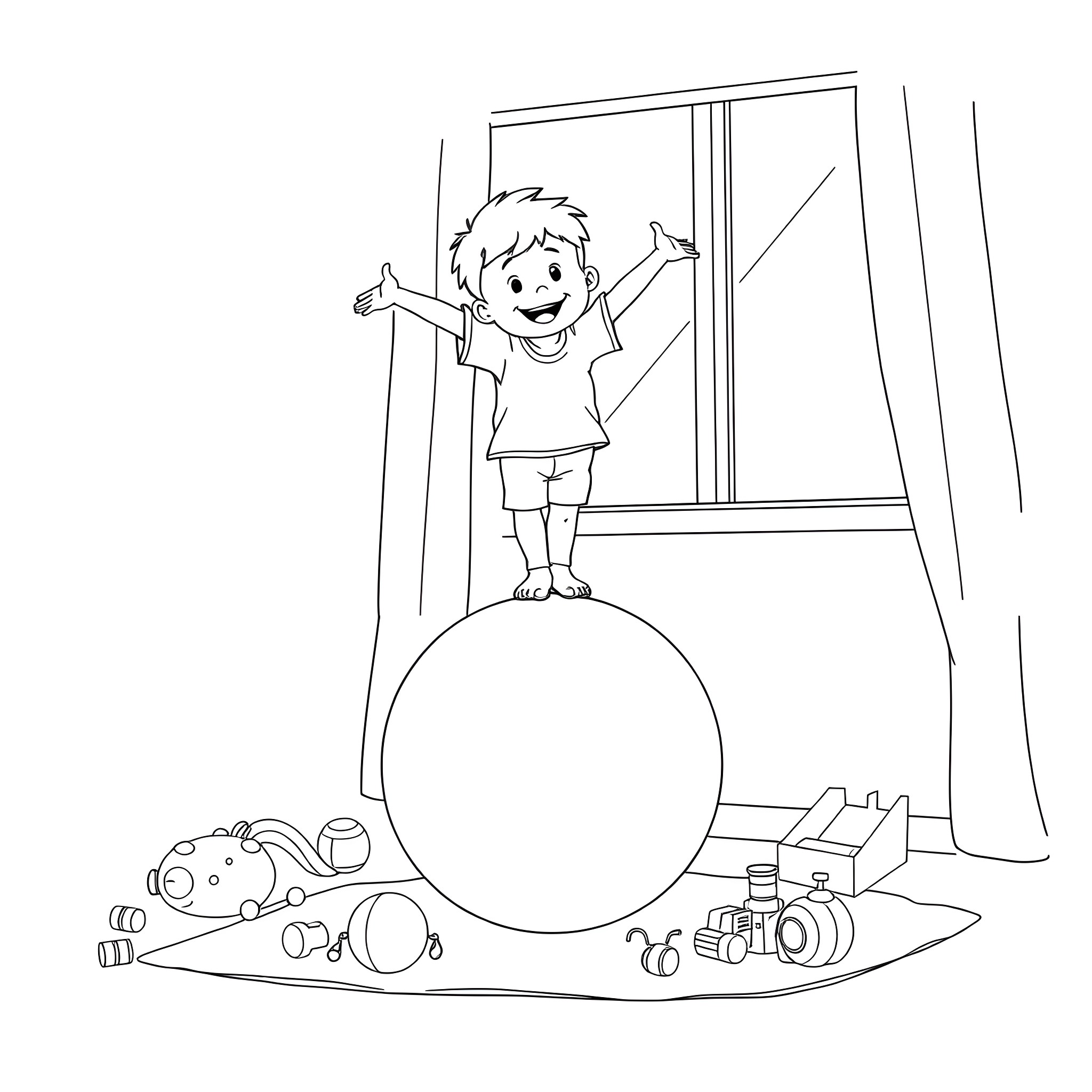 Boy celebrating joyfully with toys in the room Coloring Page (free black-and-white line drawing printable PDF for all, from beginners to advanced learners, including children, teens, adults, and seniors)