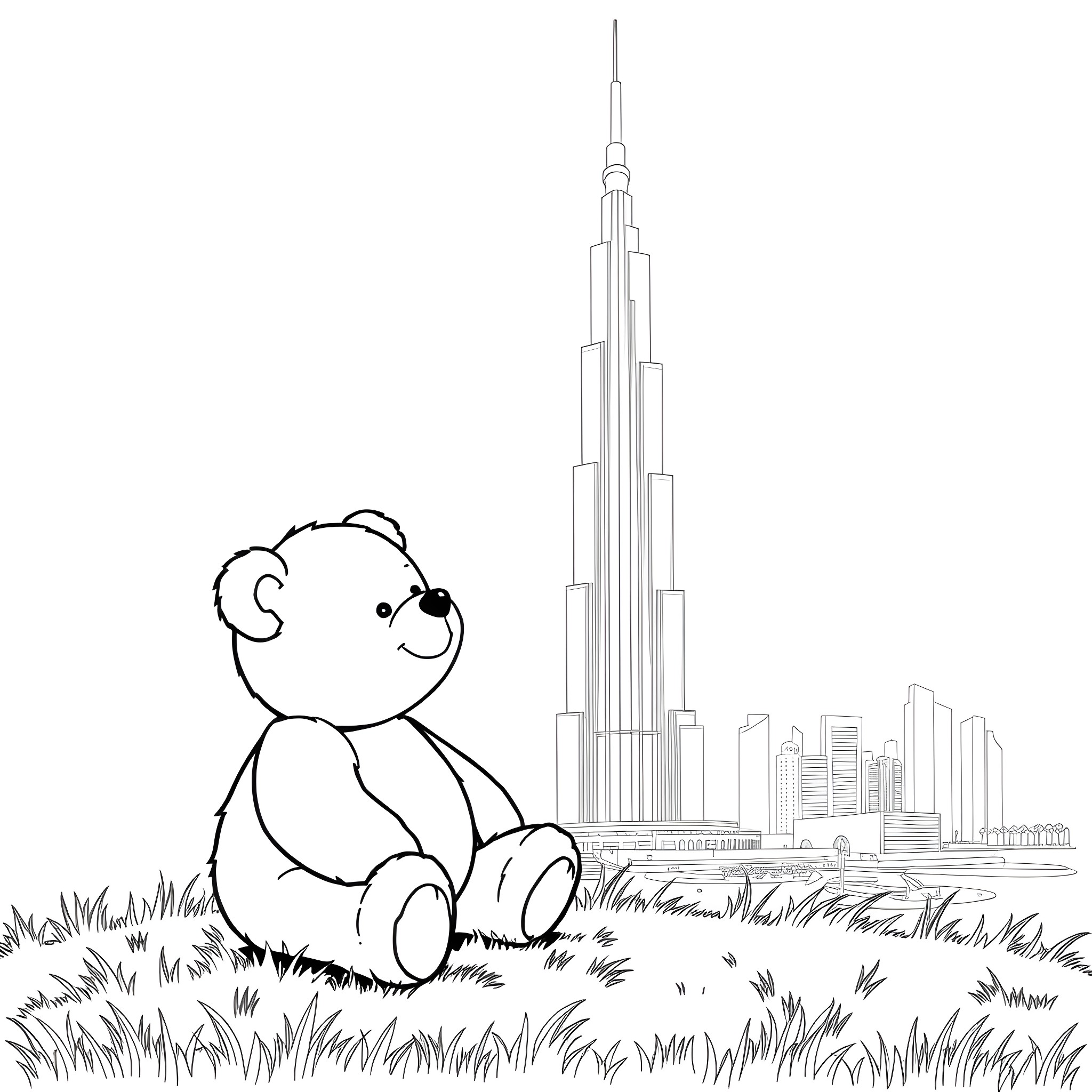 Teddy Bear in the City Landscape Coloring Page (free black-and-white line drawing printable PDF for all, from beginners to advanced learners, including children, teens, adults, and seniors)