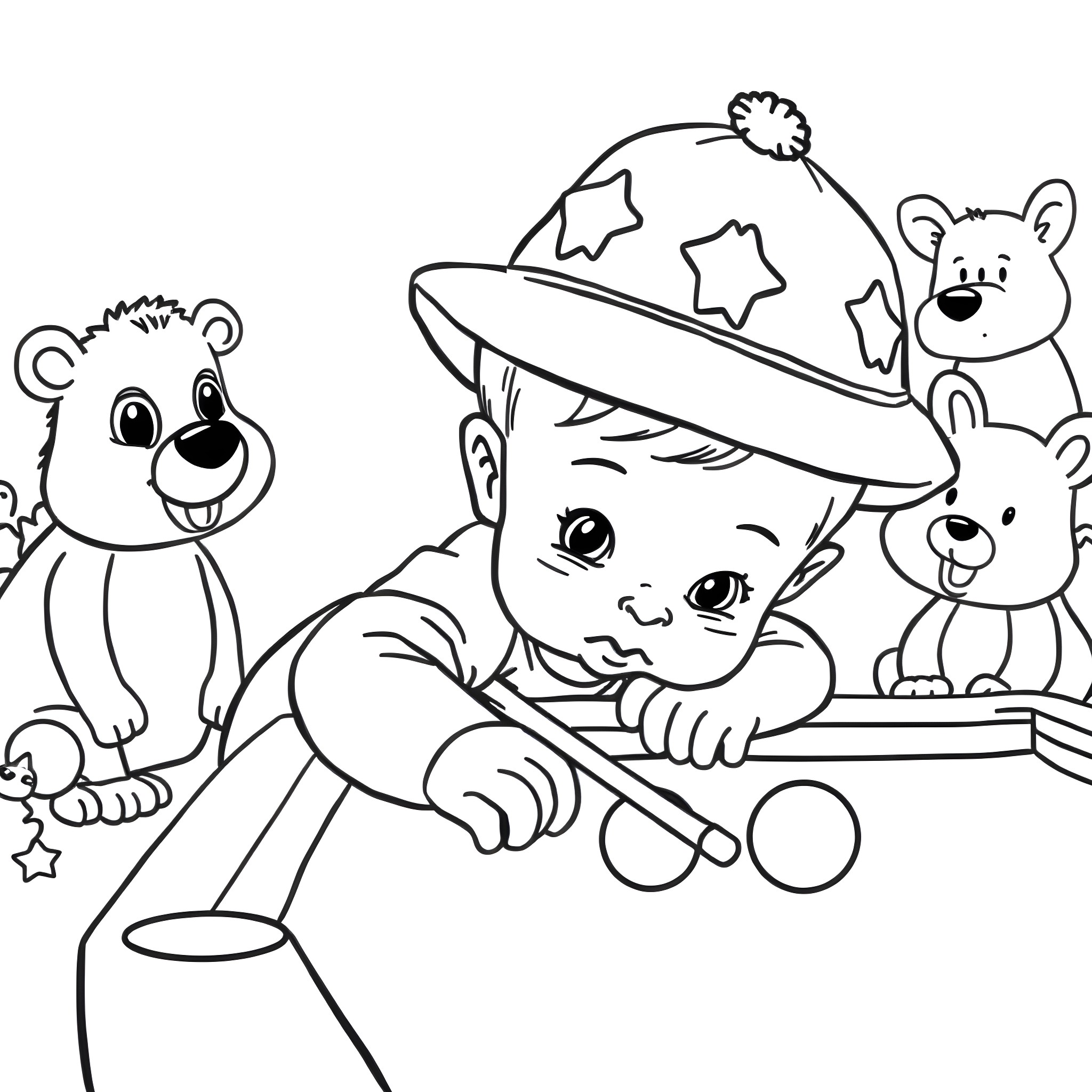 Baby playing with cute stuffed animals Coloring Page (free black-and-white line drawing printable PDF for all, from beginners to advanced learners, including children, teens, adults, and seniors)