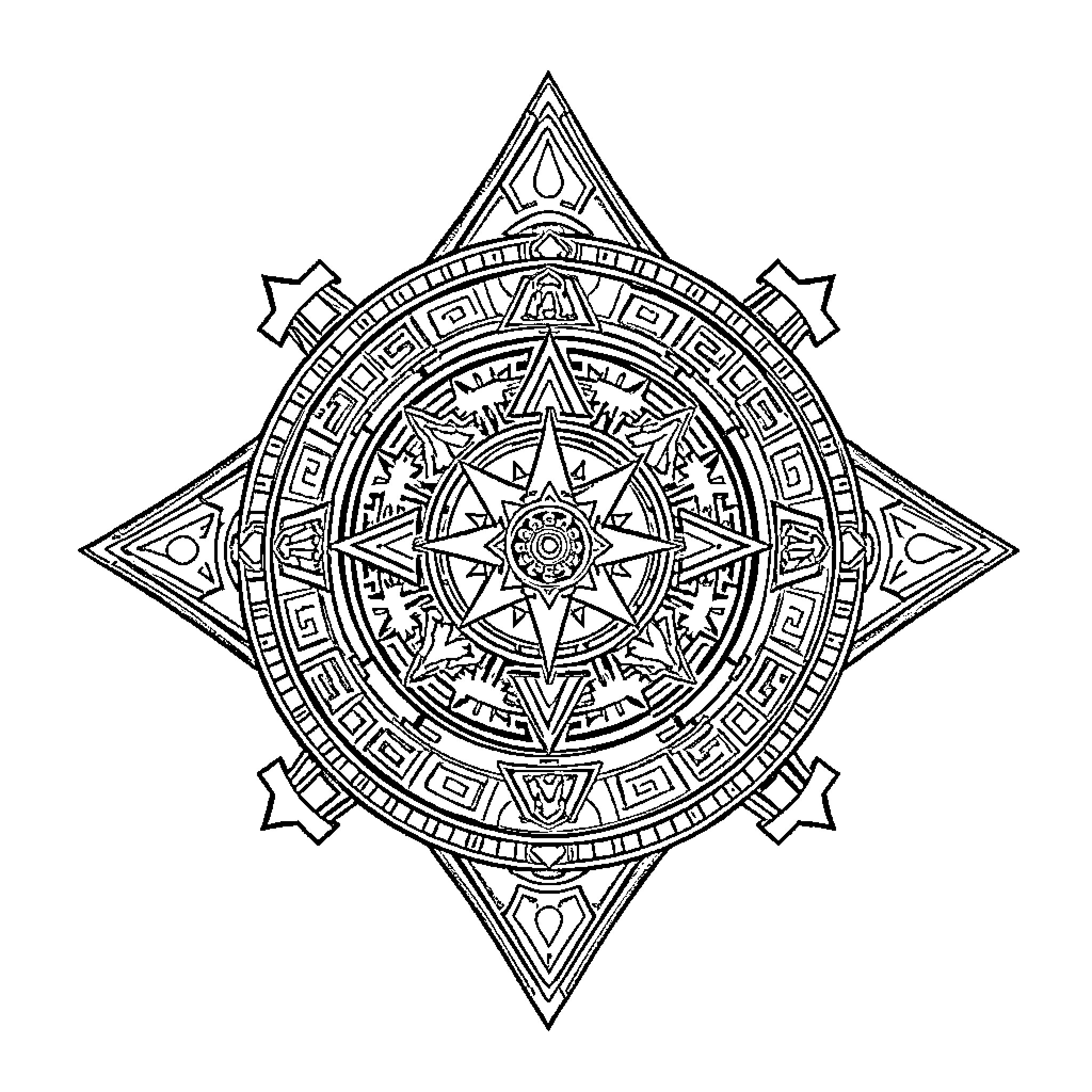Millennium Puzzle with Intricate Geometric Patterns Coloring Page (free black-and-white line drawing printable PDF for all, from beginners to advanced learners, including children, teens, adults, and seniors)