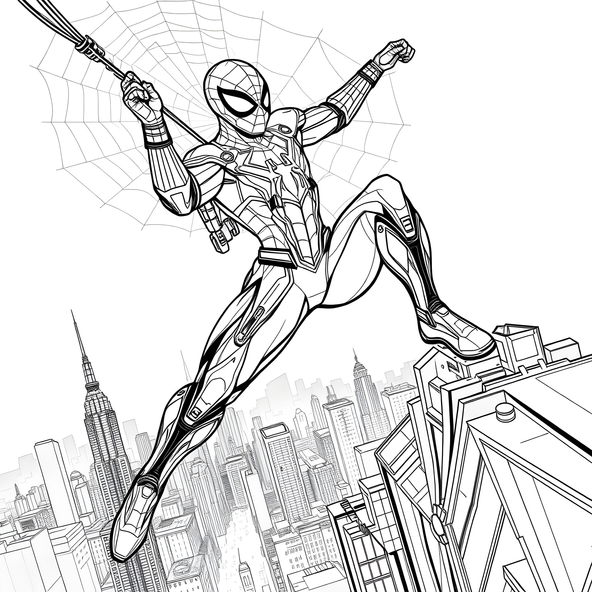 Mechanical Spiderman swinging over the city skyline Coloring Page (free black-and-white line drawing printable PDF for all, from beginners to advanced learners, including children, teens, adults, and seniors)