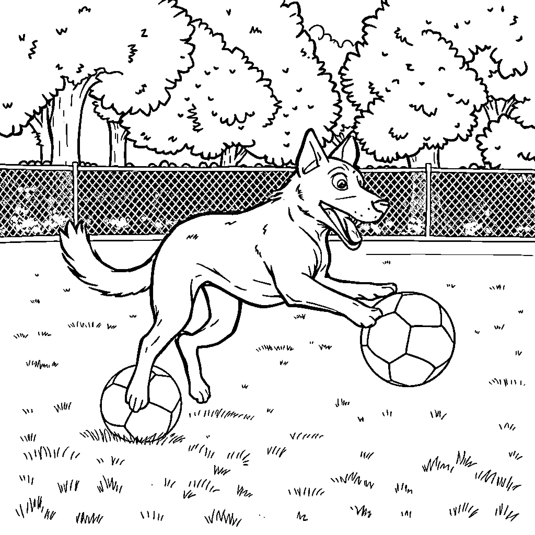 Dog playing with soccer ball in the park Coloring Page (free black-and-white line drawing printable PDF for all, from beginners to advanced learners, including children, teens, adults, and seniors)