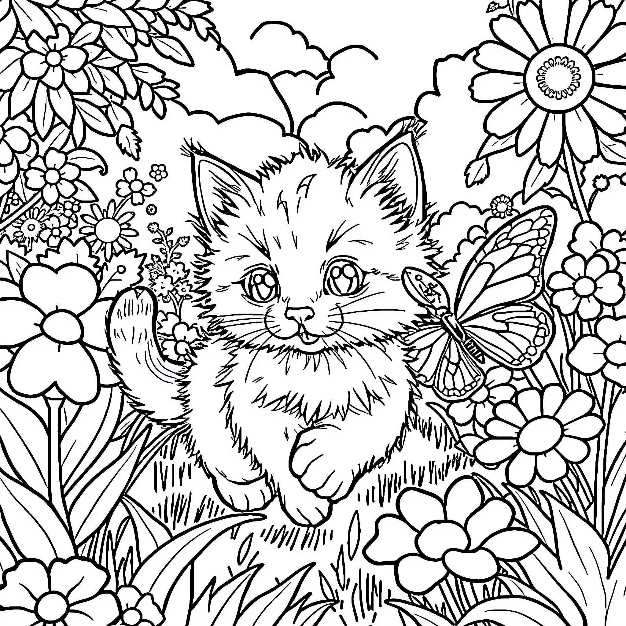 Kitten playing amongst blooming flowers Coloring Page (free black-and-white line drawing printable PDF for all, from beginners to advanced learners, including children, teens, adults, and seniors)