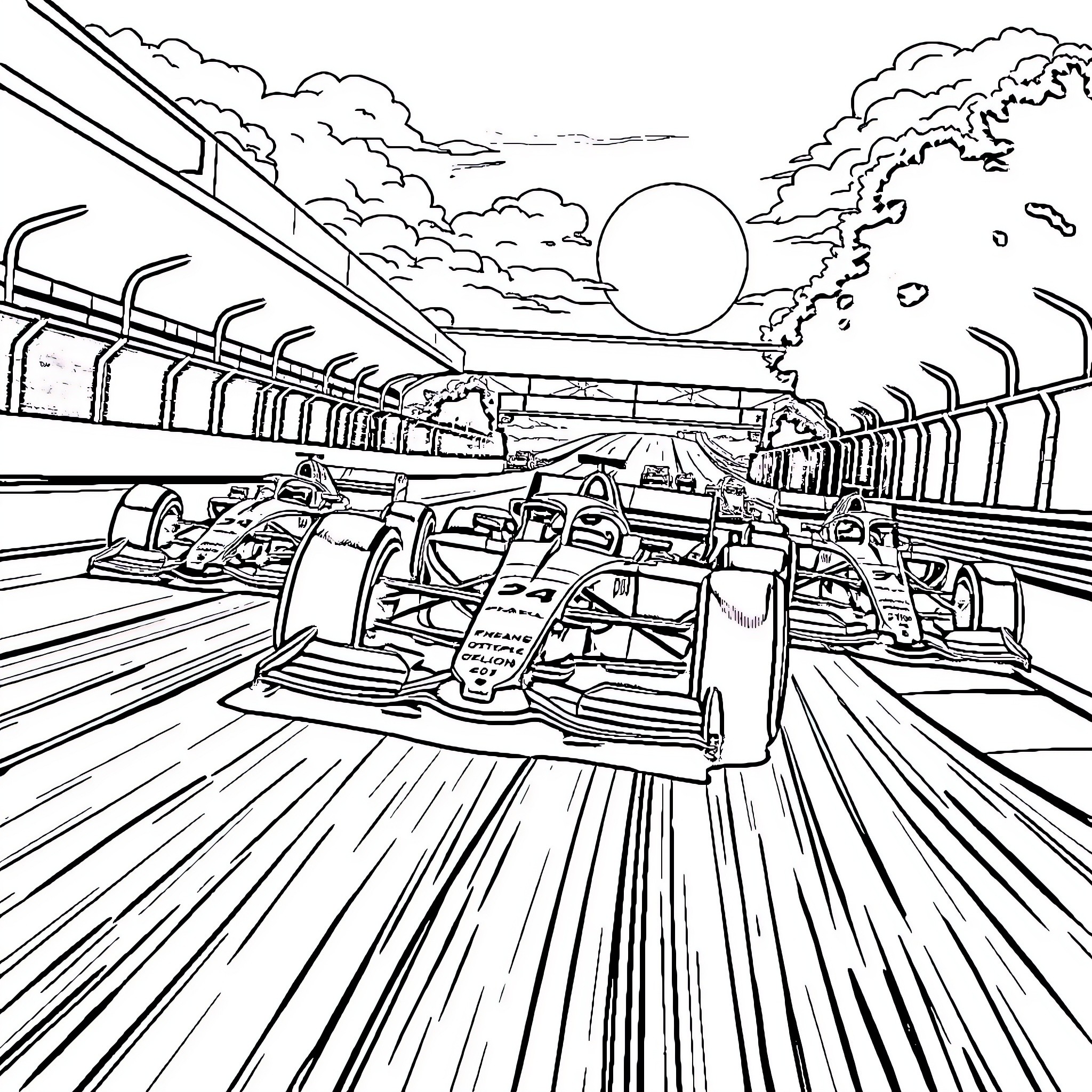 F1 Car racing through the track at high speed Coloring Page (free black-and-white line drawing printable PDF for all, from beginners to advanced learners, including children, teens, adults, and seniors)