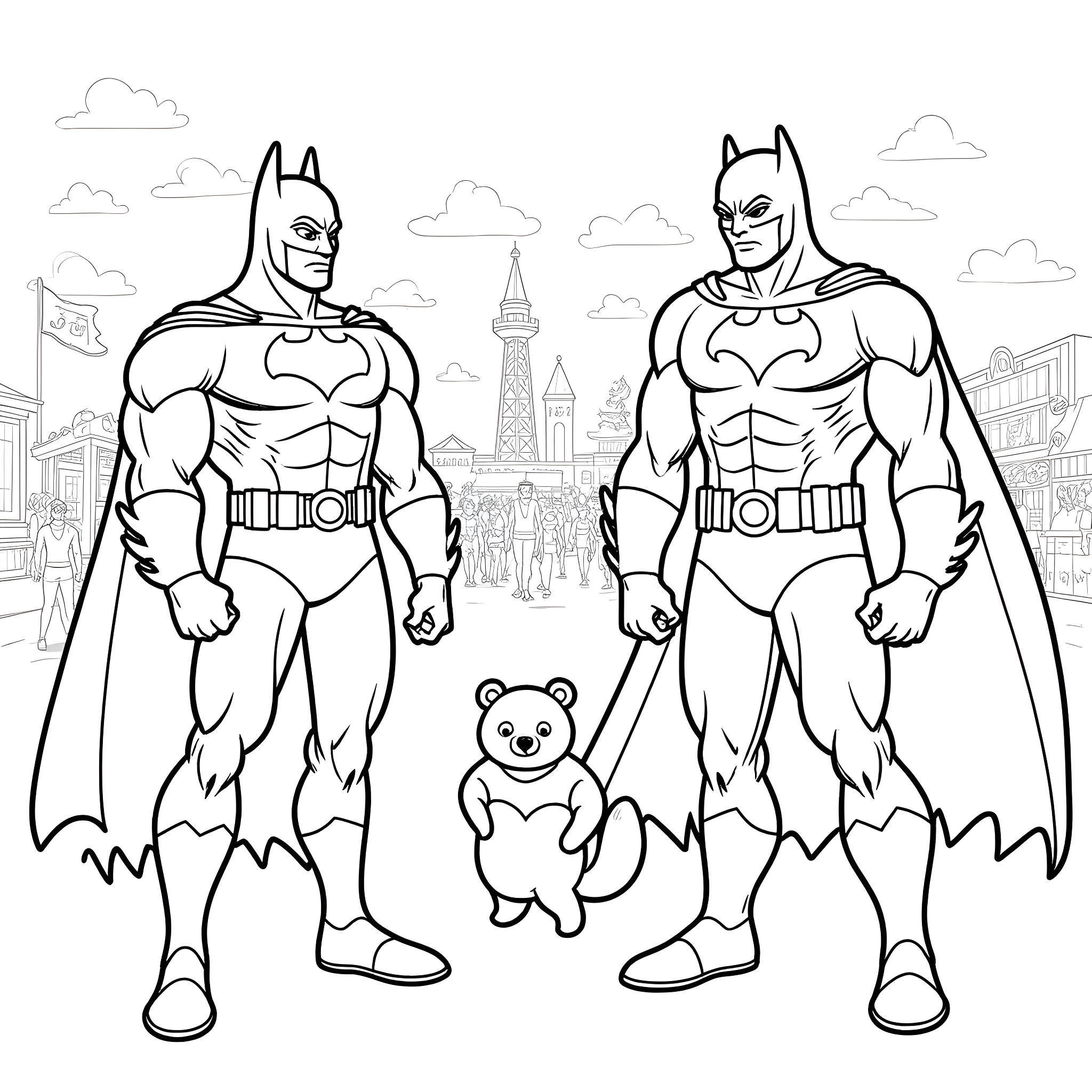 Panda superhero joins the caped crusaders in the city Coloring Page (free black-and-white line drawing printable PDF for all, from beginners to advanced learners, including children, teens, adults, and seniors)