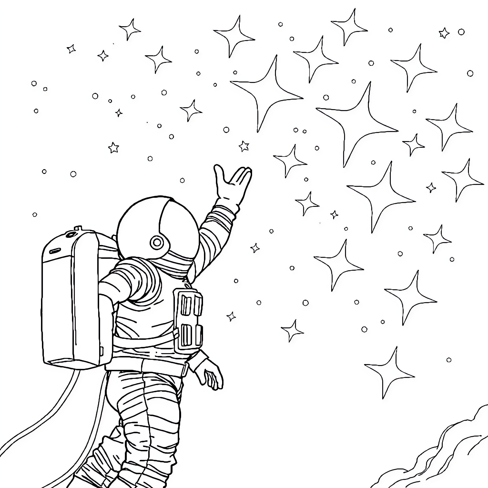 Astronaut exploring the starry night sky Coloring Page (free black-and-white line drawing printable PDF for all, from beginners to advanced learners, including children, teens, adults, and seniors)