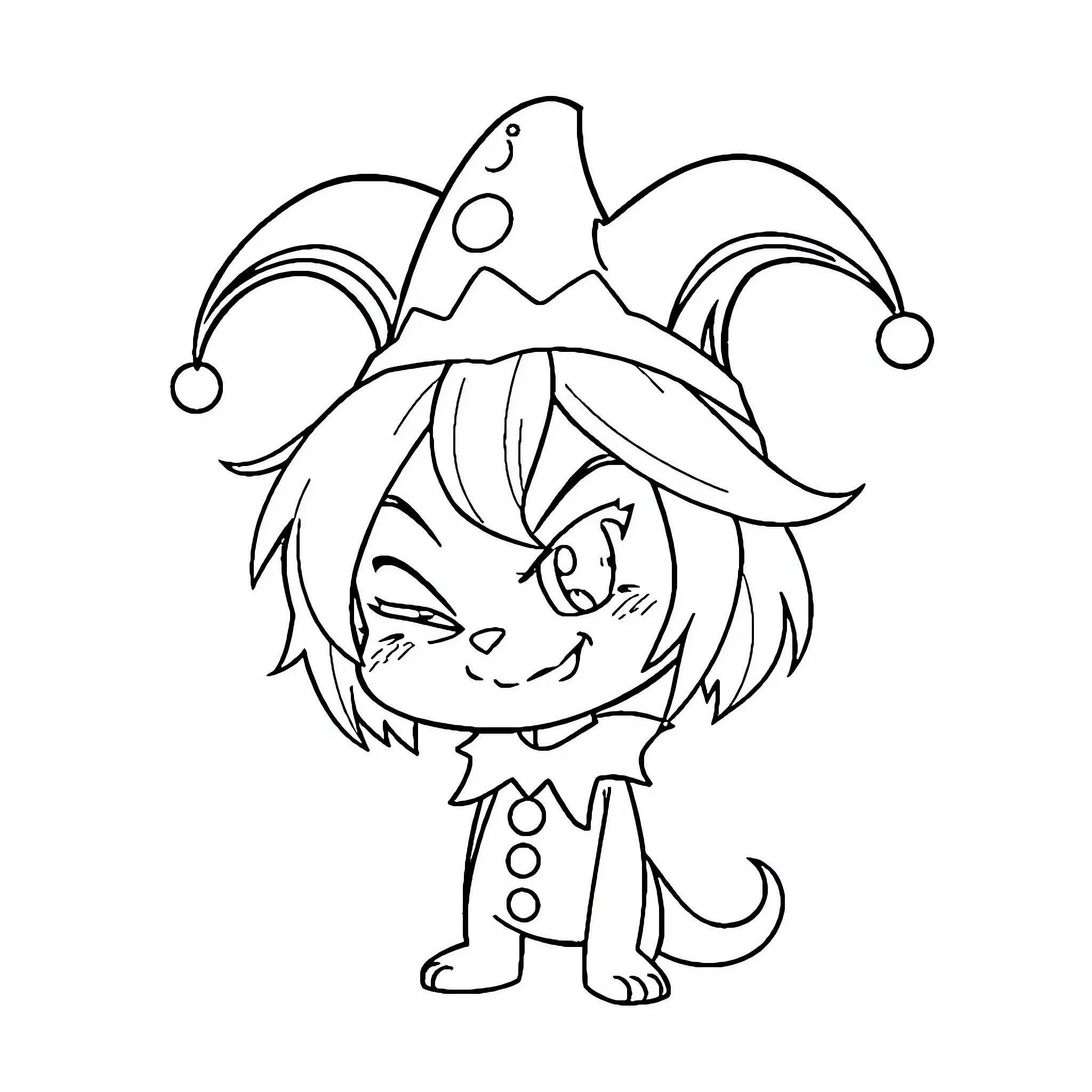 Kuromi dressed as a jester with a playful expression Coloring Page (free black-and-white line drawing printable PDF for all, from beginners to advanced learners, including children, teens, adults, and seniors)
