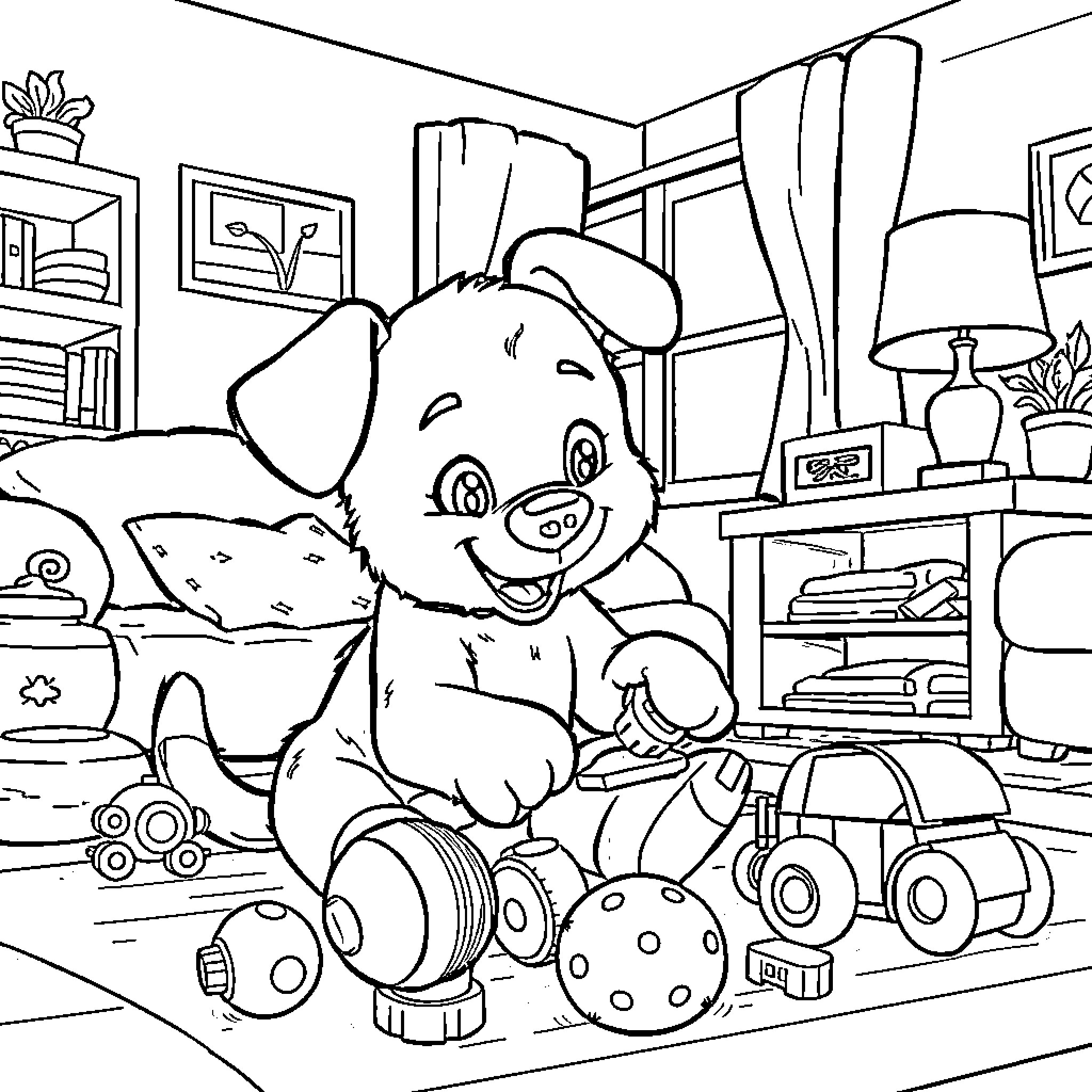 Bluey's Playroom Adventure Coloring Page (free black-and-white line drawing printable PDF for all, from beginners to advanced learners, including children, teens, adults, and seniors)